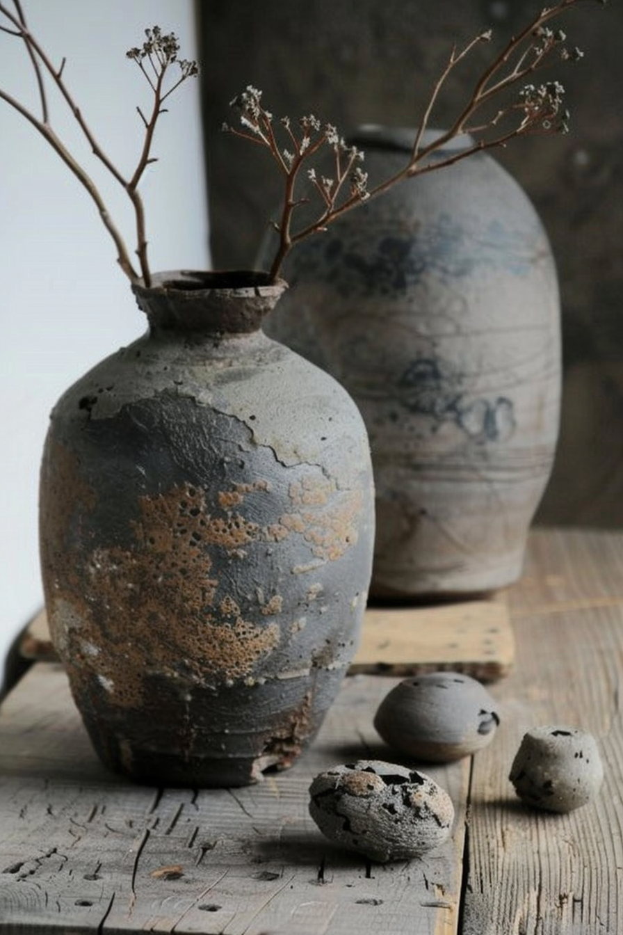 The image shows two ceramic vases with a rustic appearance on a wooden surface. The vase in the foreground has dried branches with small flowers arranged in it, while the one in the background is empty. There are also three small, round, pottery pieces on the wooden surface beside the vases. Two rustic ceramic vases with dried branches on a wooden table next to pottery pieces.