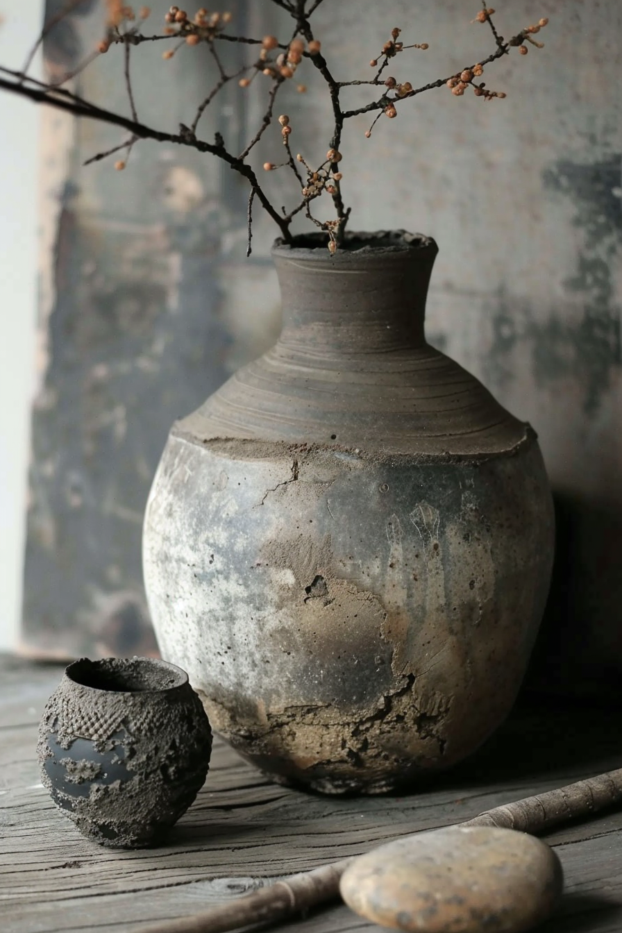 In the image, there is a large, textured ceramic vase on a wooden surface with branches bearing small buds emerging from its opening. Next to it, a smaller, similarly textured pot and two smooth stones lie nearby. The background features a hazy, worn-out painted wall, which adds to the rustic and serene atmosphere of the setting. Large rustic vase with budding branches alongside a small pot and stones on a wooden surface.