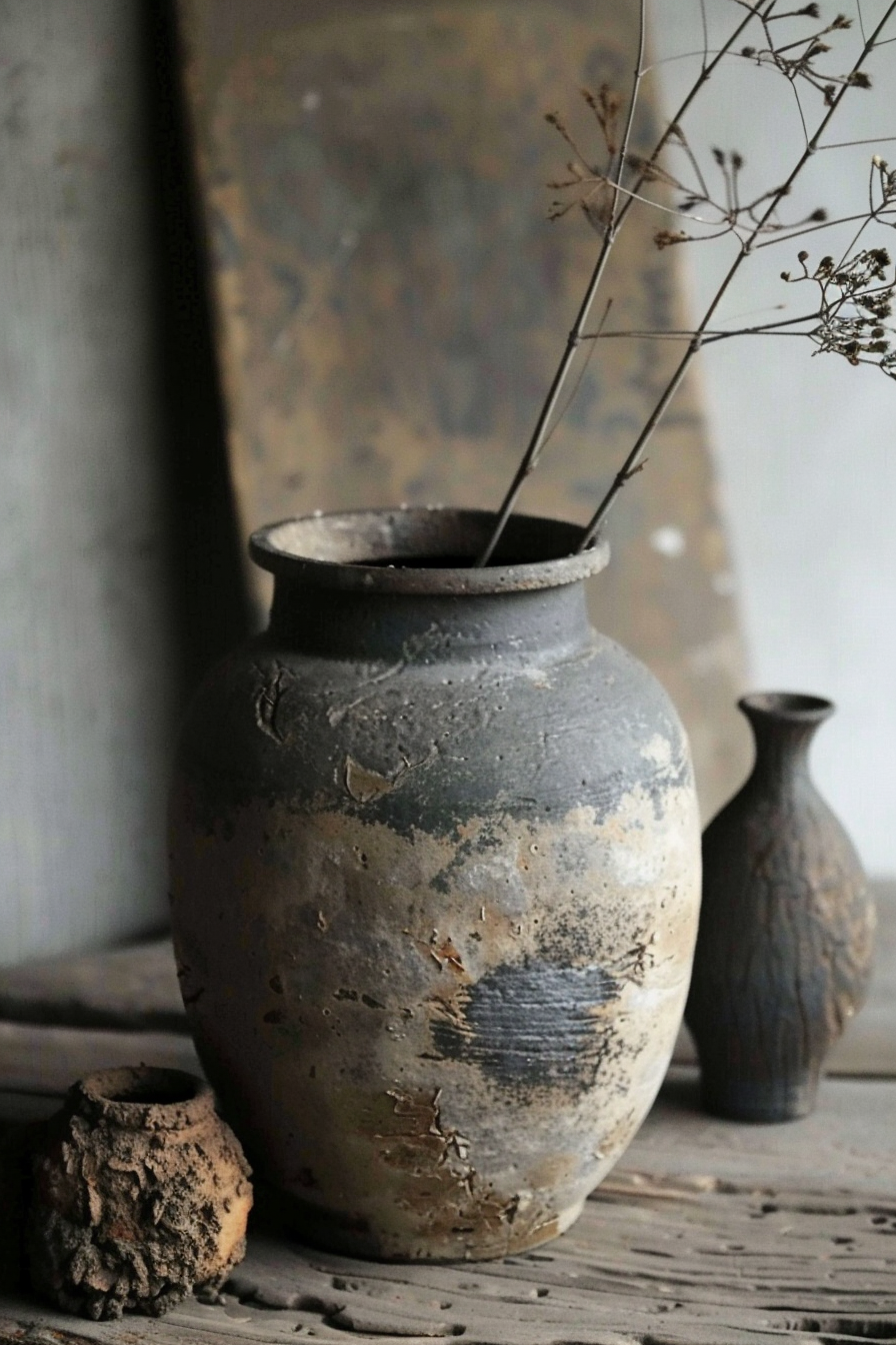 The image shows a rustic scene with two ceramic vases on a wooden surface. The larger vase is prominently displayed in the foreground, featuring a weathered surface with patches of contrasting colors like white, gray, and black, showing signs of wear and tear. Inside this vase, a few dried plant stems with small, delicate seed heads are arranged. To the right in the blurred background is a smaller, slender vase, also appearing aged and textured. A clump of dirt or a dried root ball sits beside the big vase, adding to the overall earthy and antique character of the setting. Rustic ceramic vases with dried plants on an old wooden table.
