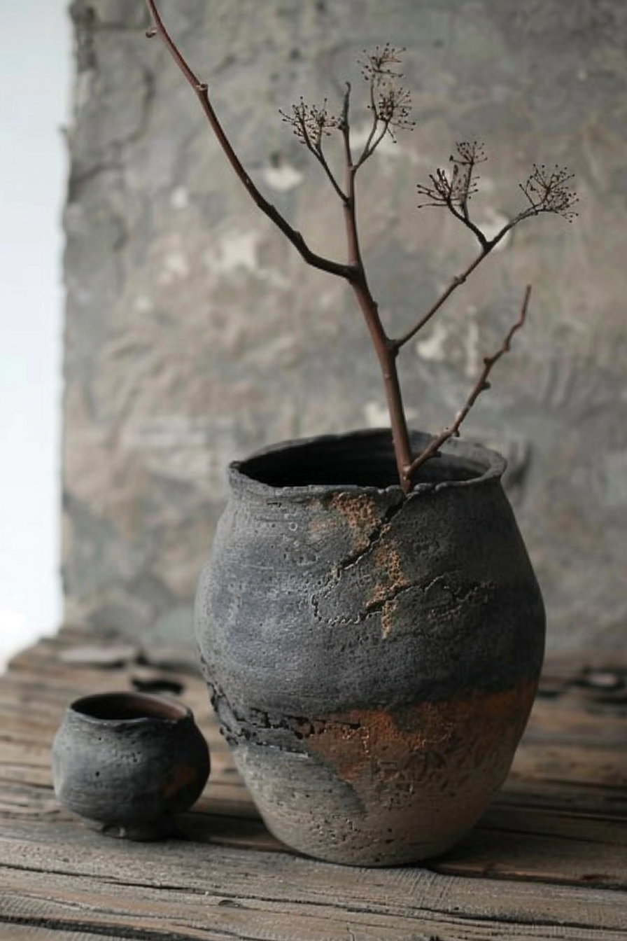 The image shows two handcrafted ceramic pots with a rustic finish on a wooden surface. The larger pot is in the foreground and houses a branching twig with small, sparse clusters of seed pods at the ends. The smaller pot sits to the side in the background, empty. The background is blurred, with a slate-gray texture that complements the pottery. Textured ceramic pots on wooden surface with a twig in the larger one.