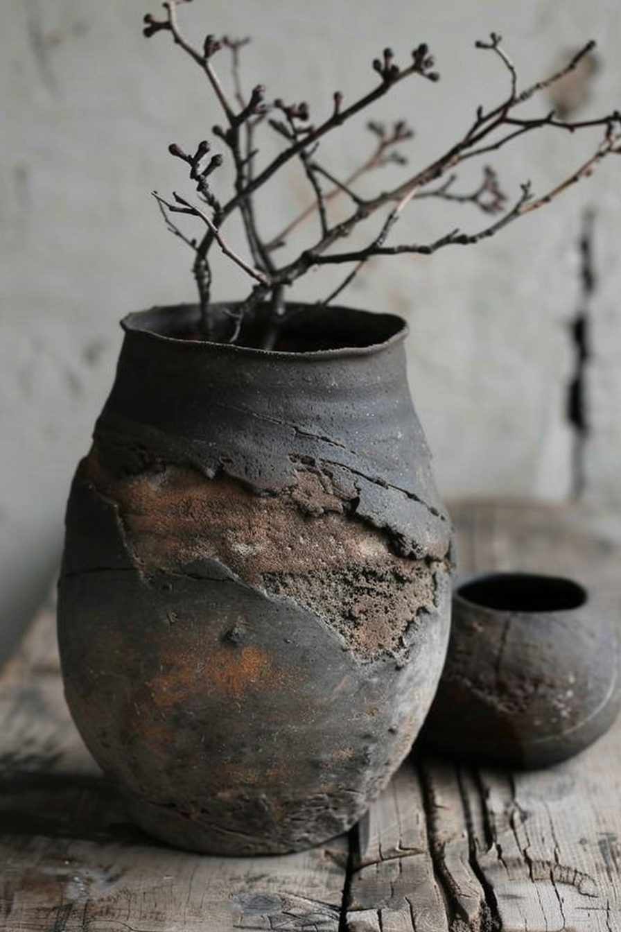 The image shows two rustic pottery vessels on a wooden surface with a textured background; one is larger with branches sticking out of it, and the other is smaller and empty. Rustic pottery vases on wood, larger with dried branches, against a textured backdrop.