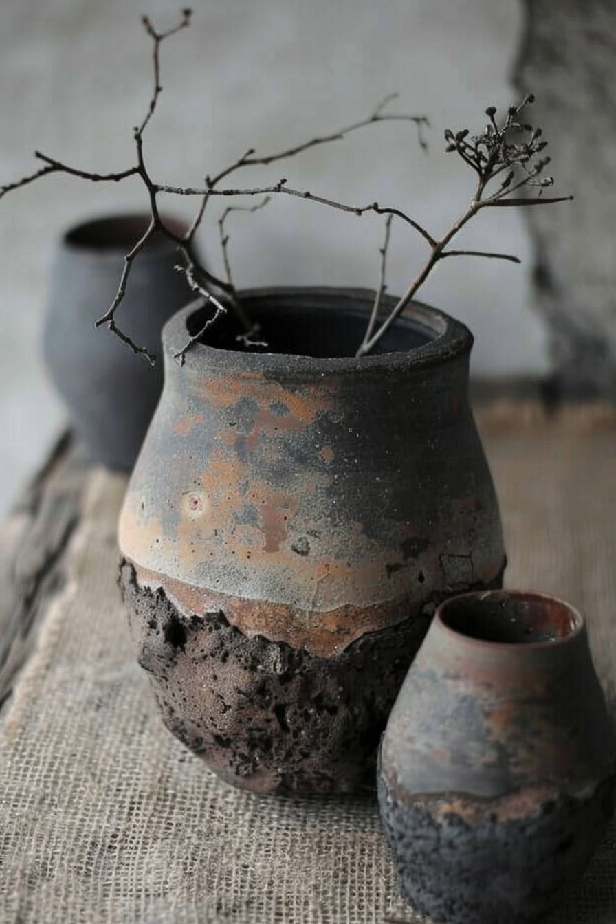 In the image, there are two ceramic pots with a rustic appearance on a textured fabric surface. The larger pot, in the background, contains some dried twigs and a branch with tiny dried seed pods. The smaller pot is in front of the larger one, slightly out of focus. Both pots have a rough texture with patches of color which give them an aged look, suggesting they could be artisanal or handcrafted items. The image exudes an earthy, naturalistic vibe. Rustic ceramic pots with dried branches on textured fabric.