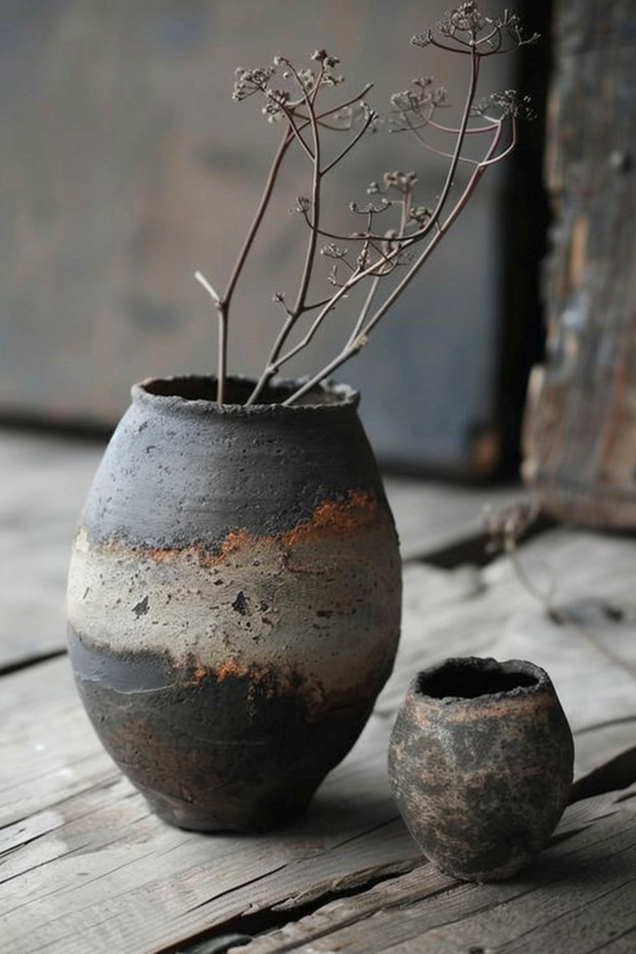 The image features two pottery pieces on a rustic wooden surface. One is a larger textured urn-style vase with hues of black, gray, and rust colors, containing a few delicate dried flower stems. Beside it, a smaller, similarly styled pot with a weathered appearance sits empty. Rustic pottery vases with dried flowers on an old wooden table.
