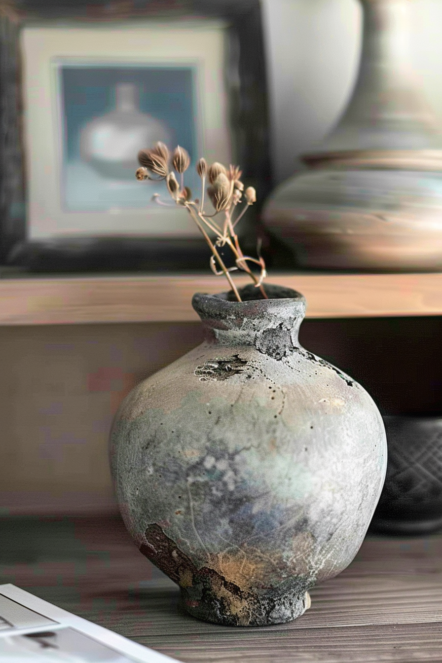 The image shows an aged ceramic vase with a patina on a wooden surface. A few dried flower stems are placed inside the vase. In the background, a part of a shelf, a framed picture, and another object, blurry due to a shallow depth of field, can be seen. Rustic vase with dried flowers on a shelf, with a photo frame in the background.