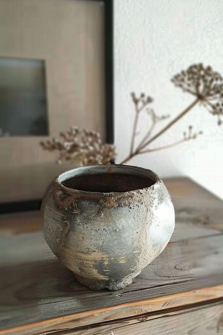 The image shows a textured ceramic pot with a wide opening, placed on a wooden surface. The pot has an earthy, rustic appearance with patterns of discoloration that suggest age or weathering. Sticking out of the pot are several dried flower stems with seed heads that have a delicate, skeletal structure. The background is out of focus, but a framed mirror or artwork is partially visible. The overall aesthetic suggests a calm, homey interior with a touch of natural decor. Rustic ceramic pot with dried flower stems on a wooden surface, indoor setting.