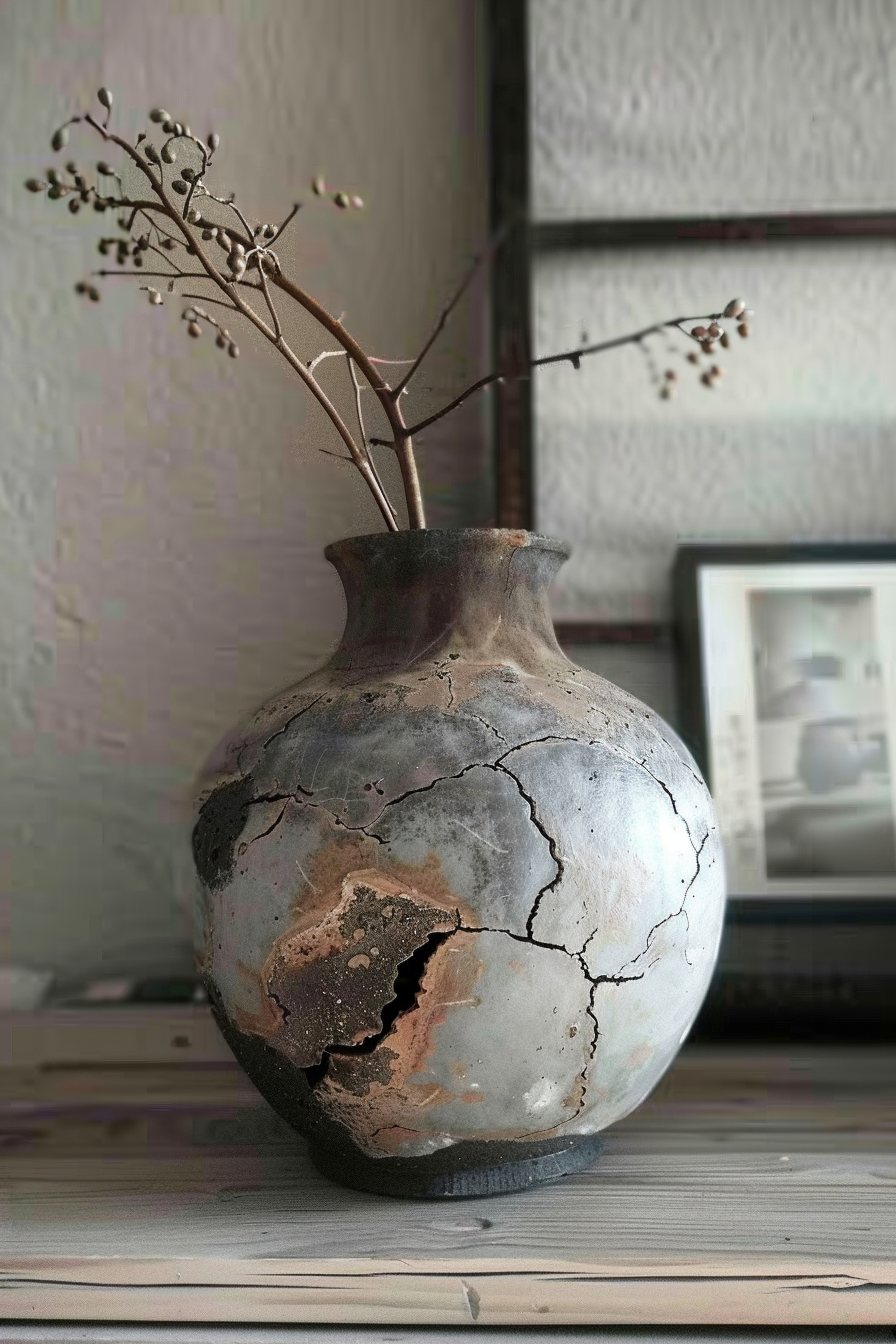 The image shows an aged, weathered vase with visible cracks and chipped areas, revealing layers of its construction material. The vase holds a few dried branches with small buds, and it's placed on a wooden surface. In the background, there's a softly focused window pane and a framed picture, contributing to a tranquil and rustic atmosphere. Aged vase with cracks and dried branches on a wooden table with blurred window background.