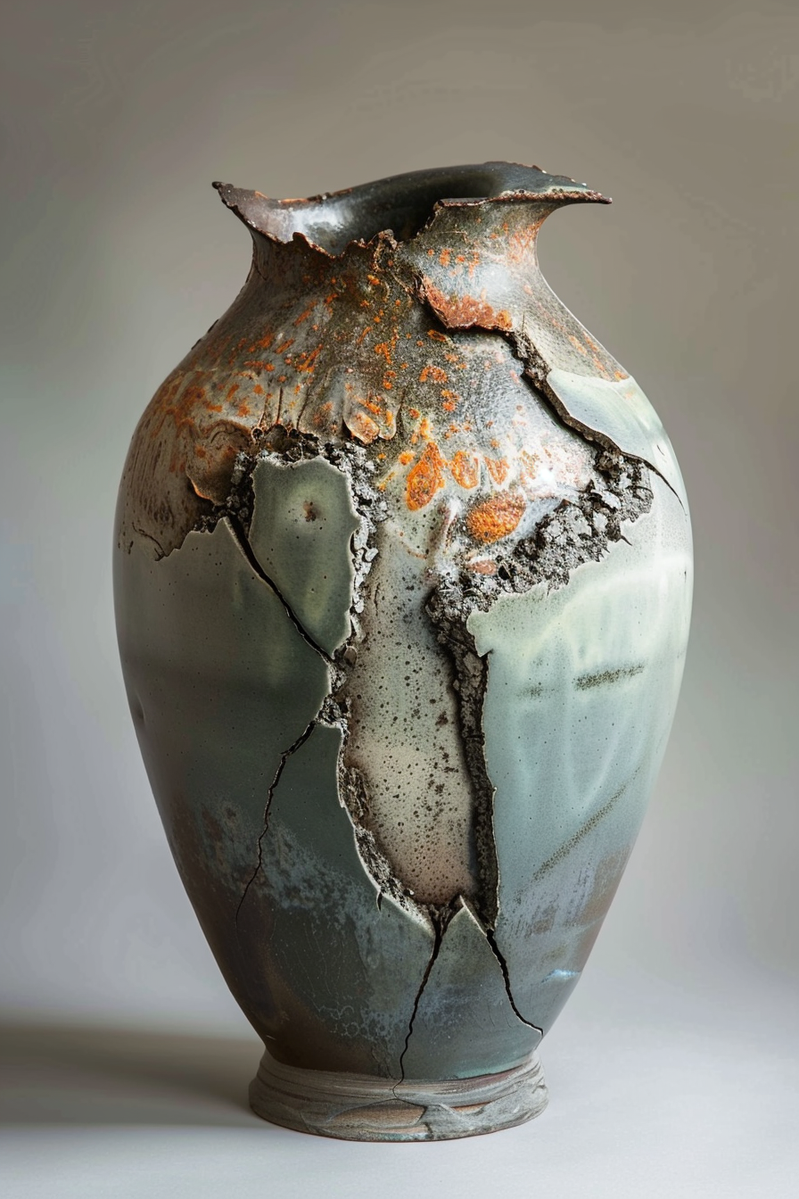 The image shows a ceramic vase with a unique, weathered texture and appearance. The vase has multiple hues, with a dominant grey tone marbled with muted green and splashes of rust-like orange, indicative of an oxidation process. Its surface is characterized by apparent distress, with a large, irregular crack running from the lip down the body, displaying what looks like a degraded layer beneath. The lip of the vase is uneven, with a conspicuous jagged edge, enhancing the aesthetic of decay. The cracked pattern and distressed surface suggest that it may be an artwork intended to represent decay or the passage of time. A weathered ceramic vase with a cracked surface and rust-like texture on a simple background.