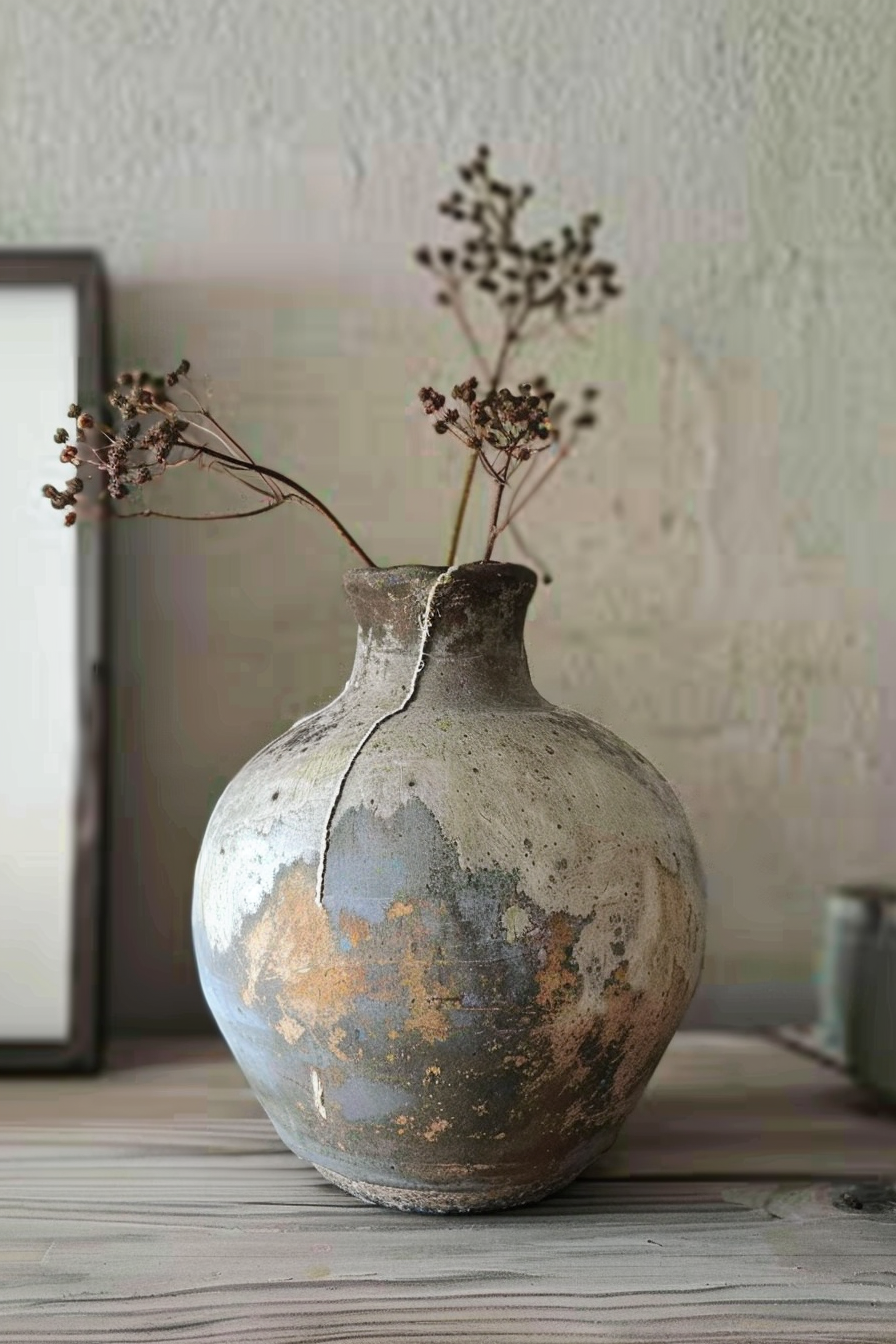The image shows a weathered ceramic vase with an earthy, mottled texture and color palette, sitting on a wooden surface. The vase contains dried, delicate branches with small seedpods or flowers. In the background, there is a blurred view of a room corner, suggesting an indoor setting. An out-of-focus picture frame is partially visible in the top left corner. Distressed ceramic vase with dried botanicals on a wooden table.