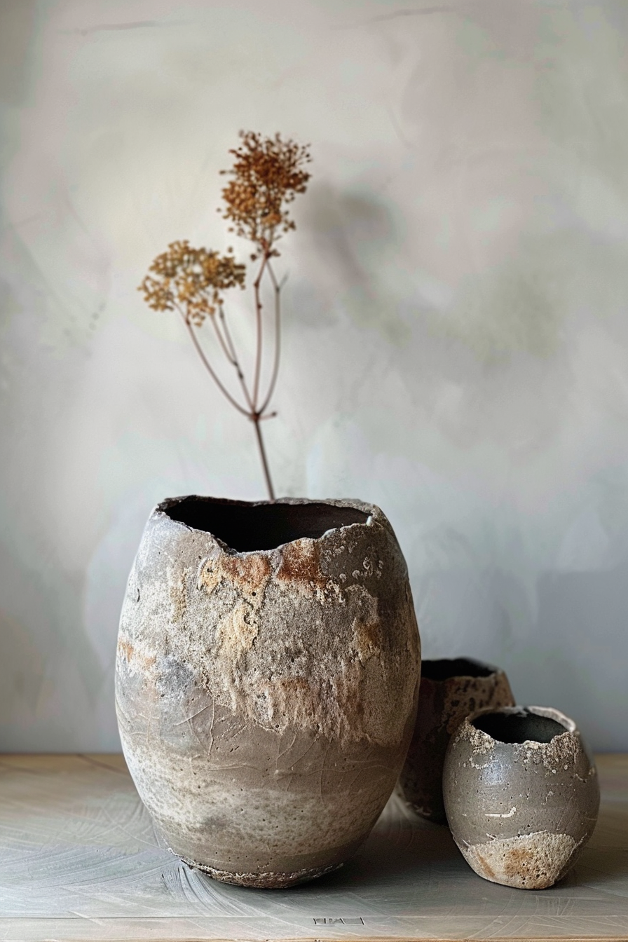 The image presents two rustic, irregularly shaped ceramic pots on a flat surface against a textured, neutral-colored background. The larger pot, which is the focal point, contains dried botanicals with small, round, seed-like clusters atop thin, branching stems. A smaller pot without contents is situated slightly behind and to the right of the larger one. Both pots have a natural, stone-like finish with varying shades of brown and gray, featuring a rough and aged appearance with some textured patterns on the surface. Rustic ceramic pots with dried plants against a textured backdrop.