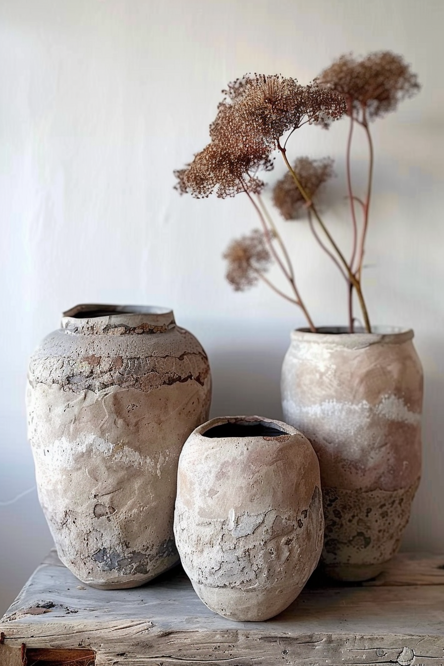The image shows three rustic pottery vases of varying sizes on a distressed wooden surface. The largest vase is in the back left, the medium one in the front, and the smallest in the back right. Each vase features a textured and weathered finish with tones of beige, brown, and white. Dried flower stems with delicate, round clusters of tiny brown flowers are placed in the largest and smallest vases, adding a touch of natural elegance to the scene. Three aged, textured pottery vases on aged wood with dried flowers.