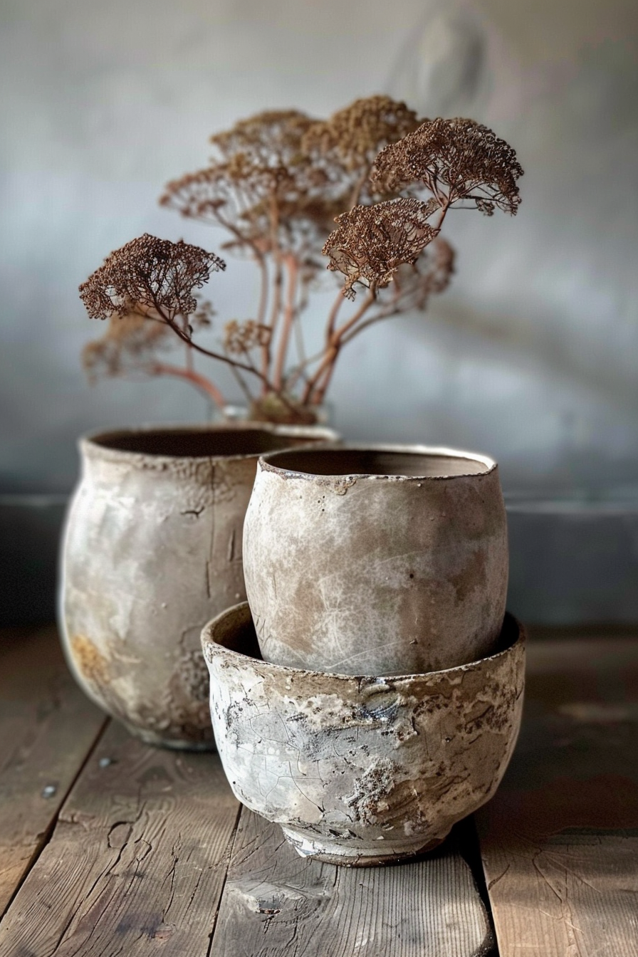 The image shows two rustic, textured ceramic pots on a wooden surface. The larger pot is behind and slightly to the left of the smaller one, and both pots are empty except for a cluster of dried plants with many small branches and tiny browned leaves sitting atop the larger pot. The background is blurred with neutral tones. Two weathered ceramic pots with dried plants on a wooden table against a blurred background.