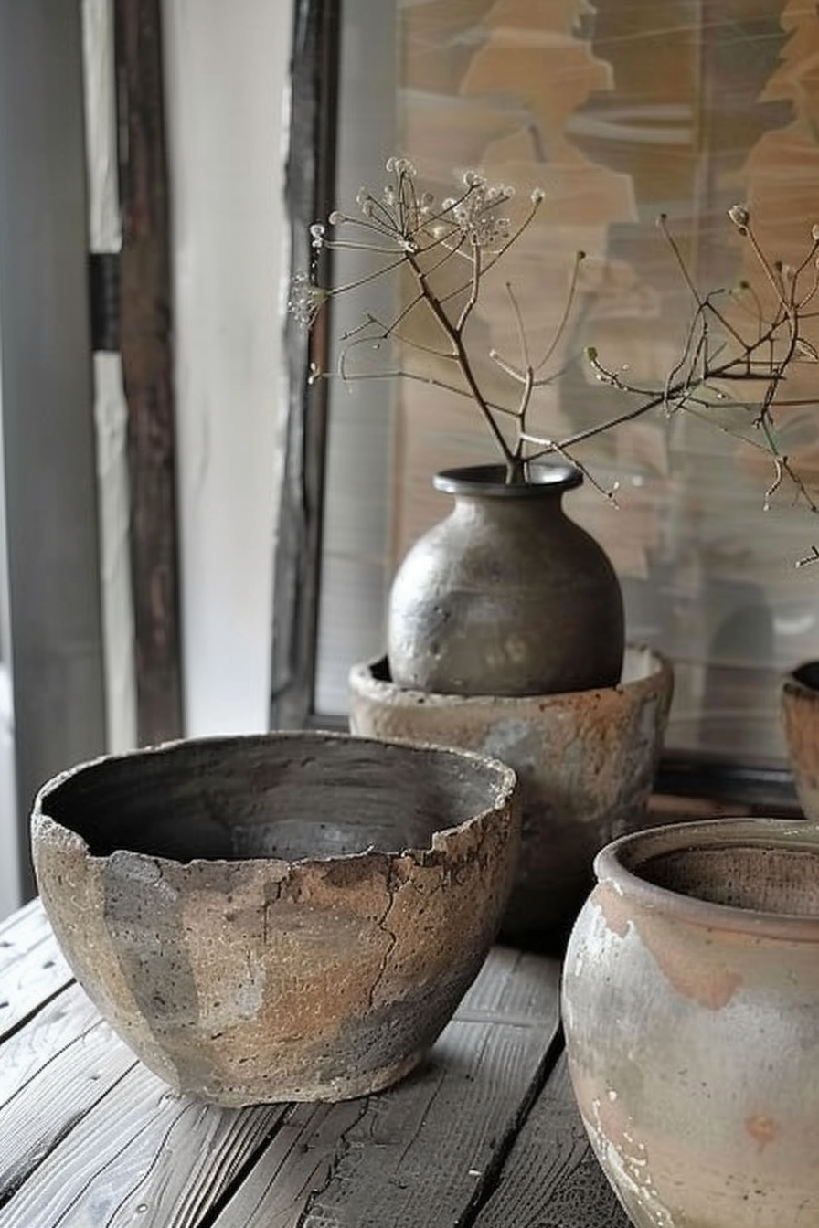 The image shows a close-up view of three ceramic vessels on a wooden surface with rustic appeal. The vessel in the foreground is a large, rough-textured bowl with visible cracks, signifying age or wear. Behind it, a smaller vessel with a smoother finish can be seen. In the background, there's a jug with a narrow neck and round body, which holds delicate, dried plant twigs. The soft, natural light complements the earthy tones of the pottery and the faded wooden boards on which they are placed, creating a calm, meditative atmosphere. Rustic pottery on wooden surface with a jug in the back holding dried twigs.