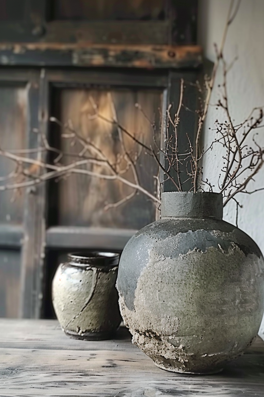 In the foreground, there's a large, textured ceramic vase with dried branches standing on a wooden surface. Behind it, slightly out of focus, is a smaller, similar vase. In the background, a rustic piece of furniture, possibly a cabinet, adds to the earthy, muted tones of the setting. Rustic ceramic vases with dried branches on a wooden table, with antique cabinet in the background.