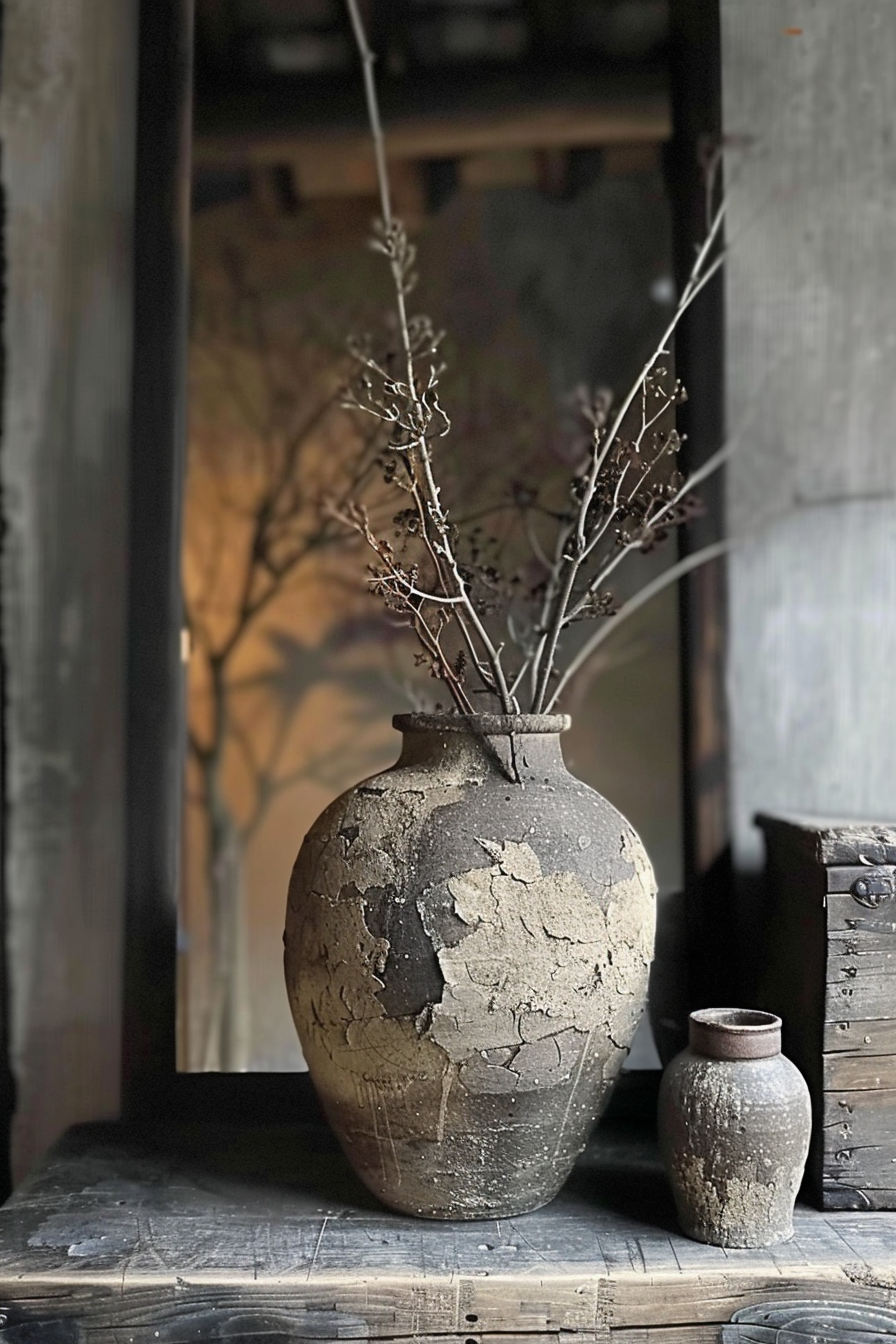 The image shows a large, weathered ceramic vase with dried branches placed in its opening, standing on a wooden surface. Beside it is a smaller vase of similar texture and color. In the background is a wooden structure with a shadowy, tree-like pattern projected onto it, contributing to the serene and rustic atmosphere. Large weathered vase with dried branches next to a smaller vase, with shadowy tree patterns in background.