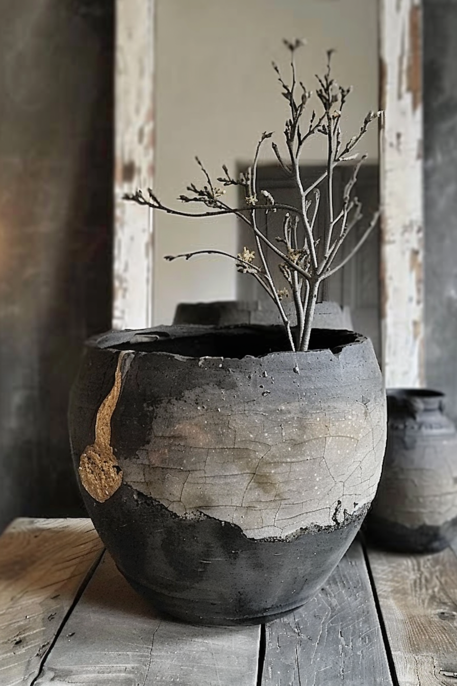 The image shows a large, textured, ceramic pot with a crack running down its side and a visible repair. The pot is finished with a partly glossy, partly matte black glaze which shows signs of craquelure. A bare branch with a few small flowers or buds is placed in the pot. In the blurred background, another smaller pot can be seen, suggesting a rustic or artisan setting. The surface beneath the pot appears to be made of weathered, distressed wooden planks. Black ceramic pot with a branch on a distressed wooden surface, showing craquelure and a visible repair.