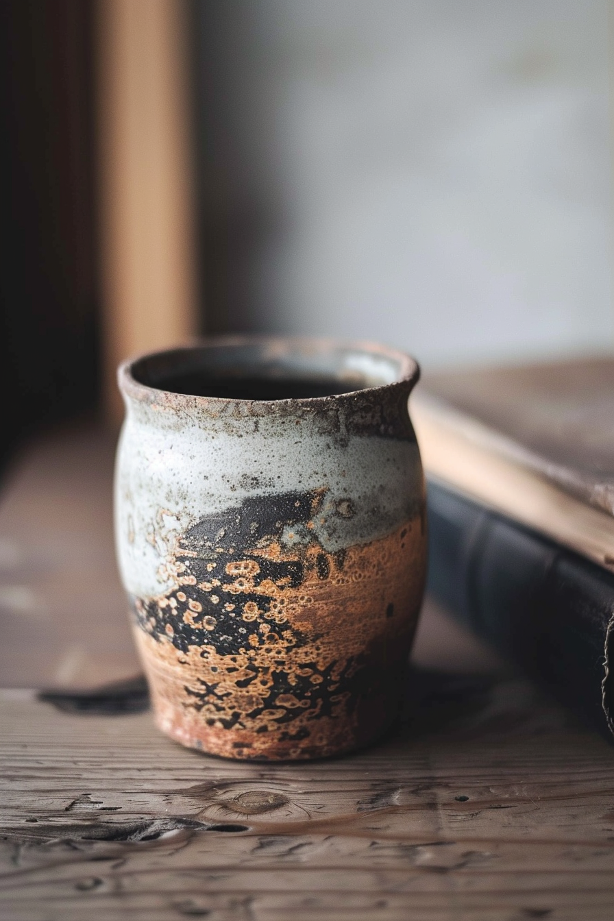 The image shows a close-up of a rustic ceramic mug on a wooden surface, with soft focus on the background that includes a book or a journal partially visible on the right side. Handcrafted ceramic mug on wooden table with part of a book in the background.