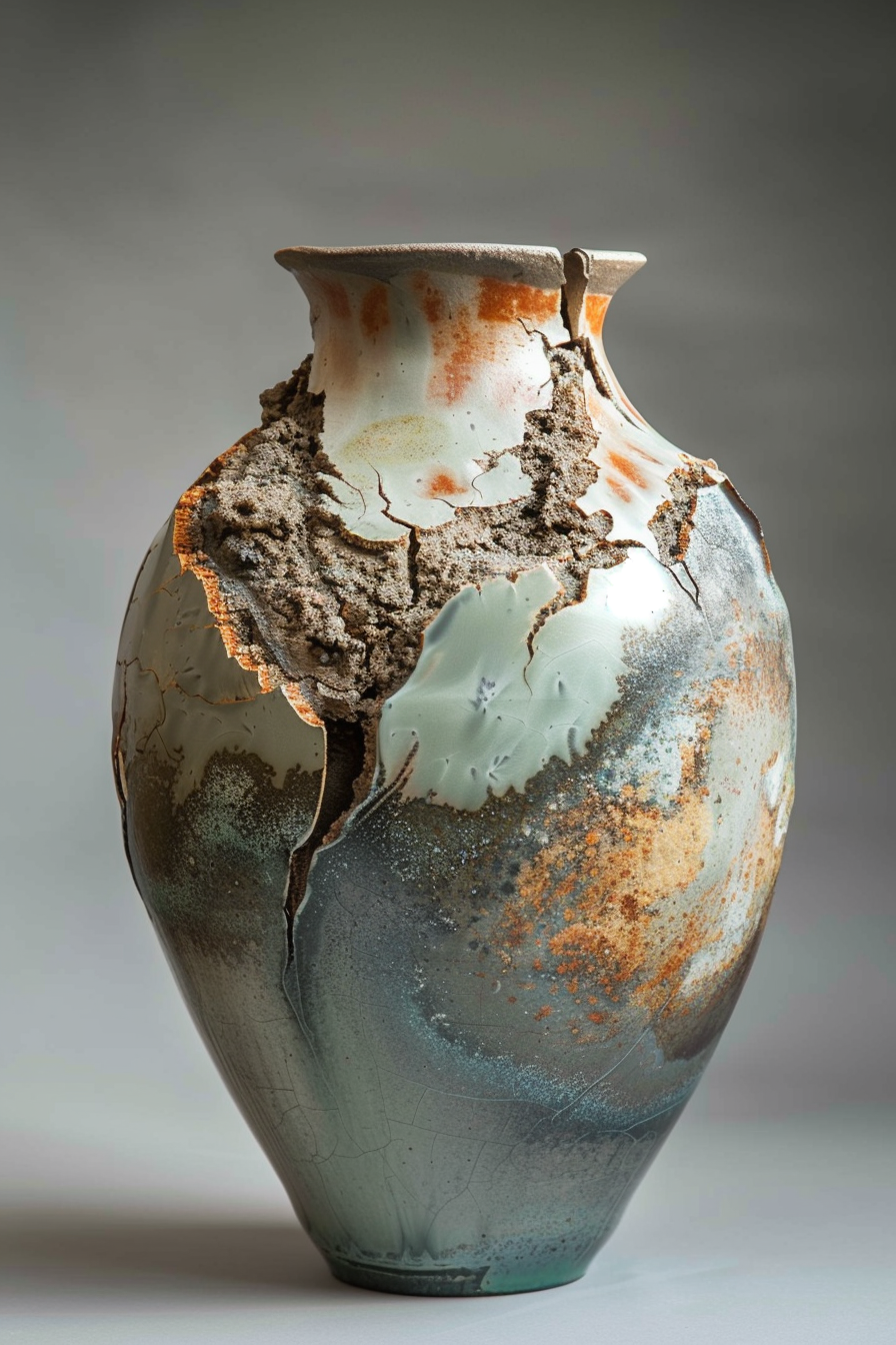 The image shows a ceramic vase with a unique texture and pattern. It appears to be damaged or intentionally designed to have a large, irregular opening on one side, exposing a rough, porous interior that contrasts with the smooth outer surface. The vase has a mix of colors including shades of blue, orange, and cream. A ceramic vase with a rough, textured break revealing porous inner surface amidst smooth colorful patterns.