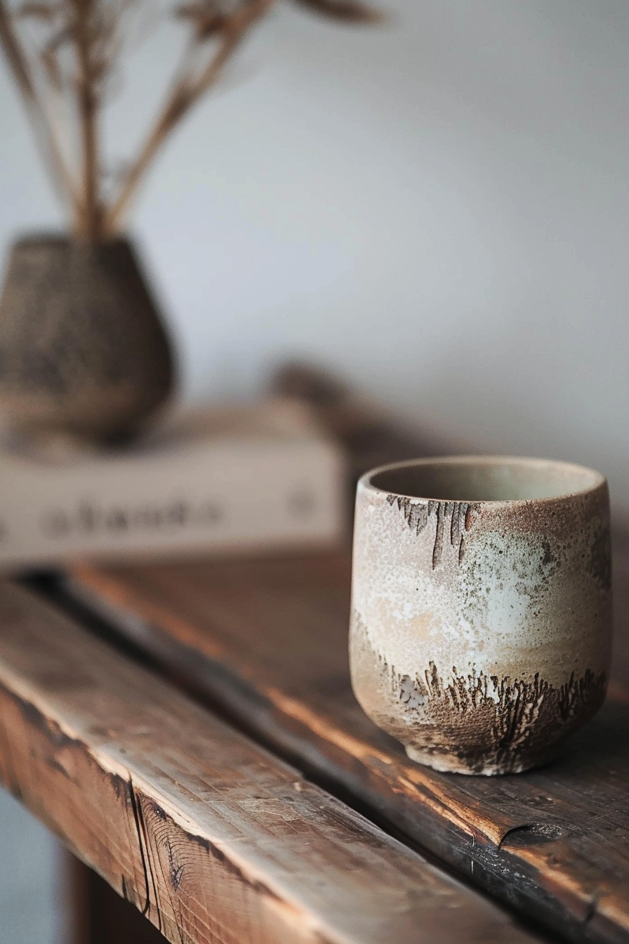 The image shows a close-up of a rustic ceramic mug placed on a wooden surface. In the background, slightly out of focus, is a vase with dried plants and a blurred book with the title visible. The overall feel of the image is cozy and natural, with a focus on textures and earthly tones. Ceramic mug on wooden table with dried plants in background.