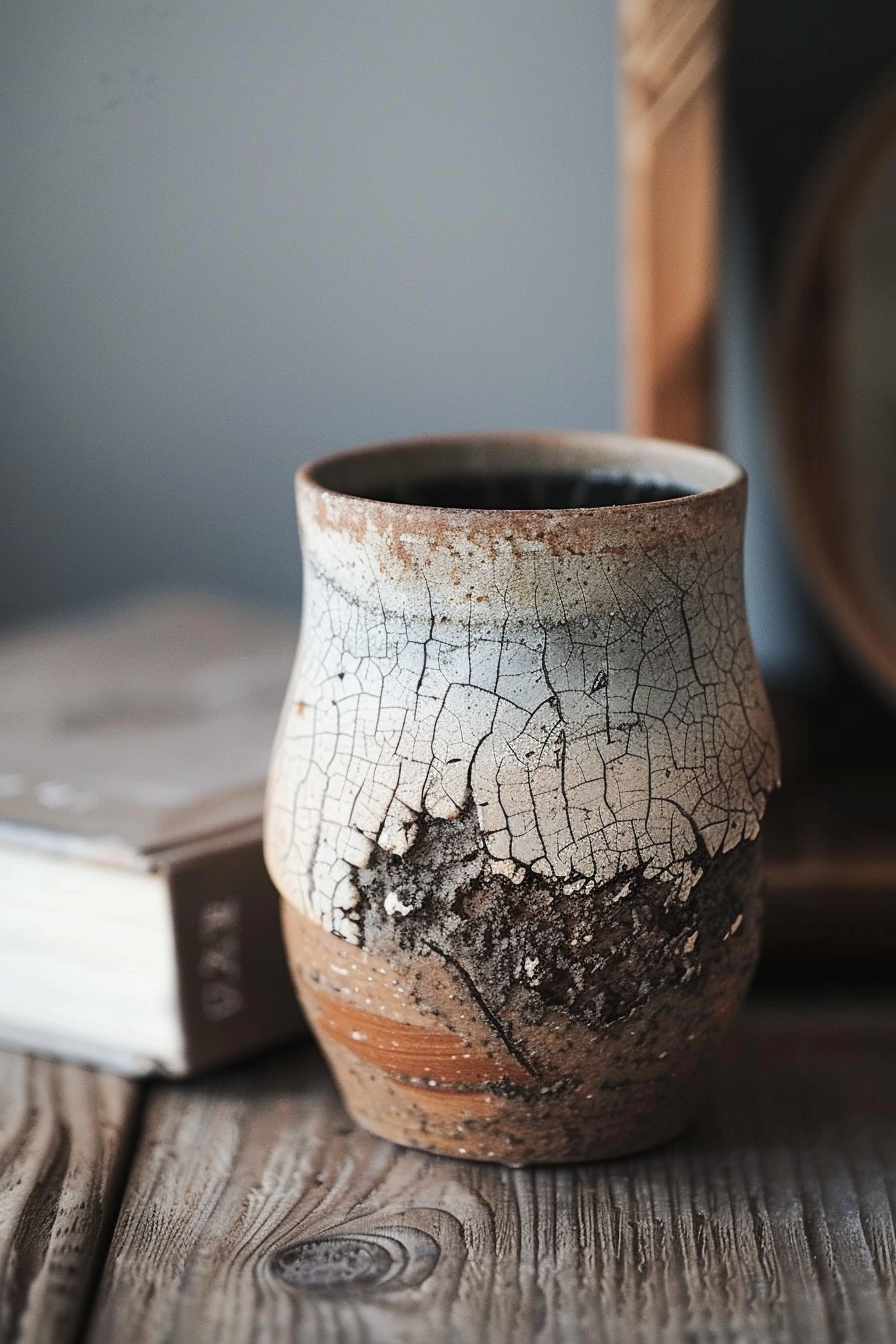 In the image, there is a close-up view of a rustic ceramic pot with a crackled texture on a wooden surface. The background is softly out of focus, highlighting the intricate patterns on the pot. There is also a hint of a book or object with text on it behind the pot, further emphasizing the still life and cozy ambiance. Ceramic pot with crackled texture on wood table, hint of book in background.