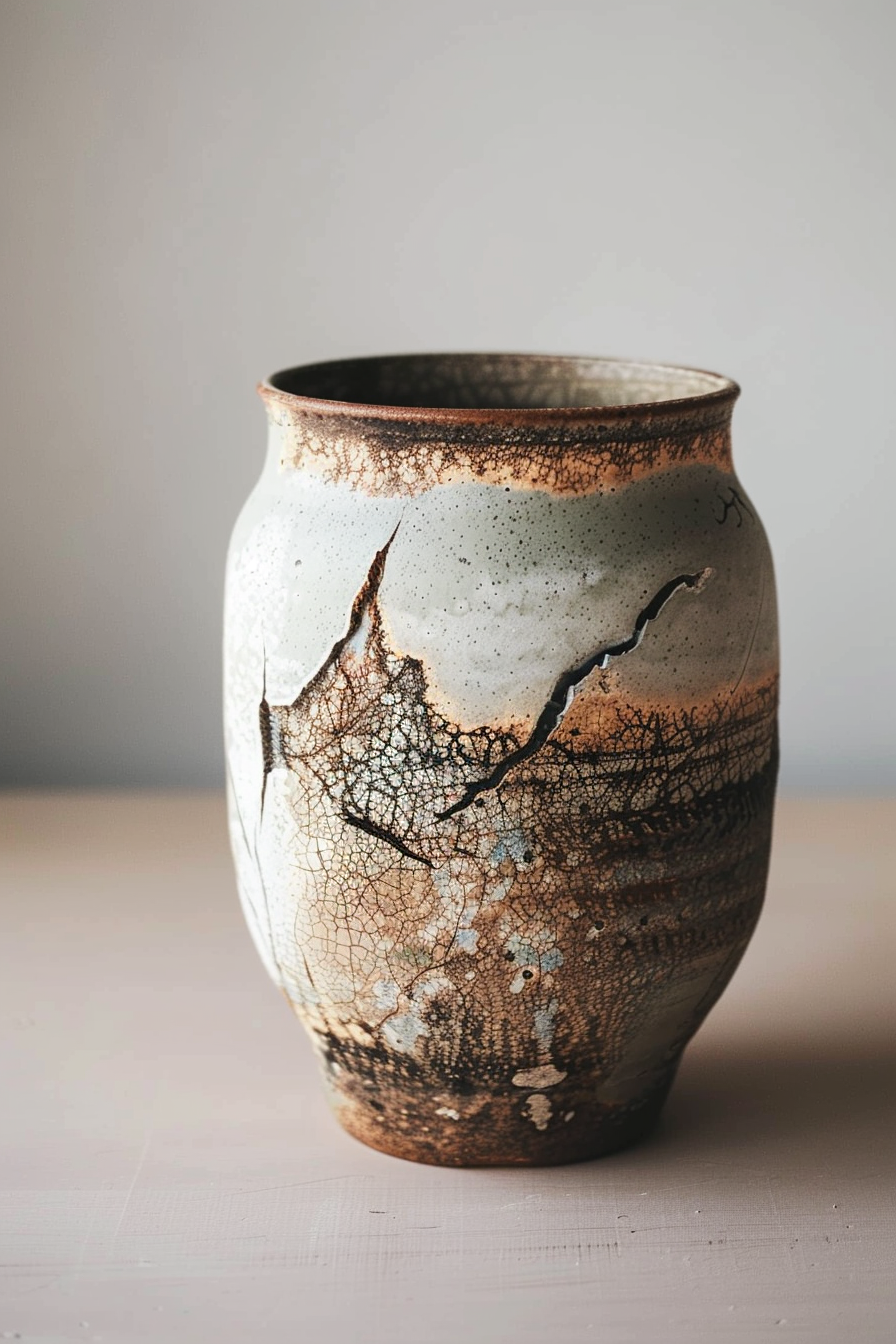 The image shows a close-up of a textured ceramic vase with a crackle glaze finish in earthy tones. The vase has a broad body and a narrow opening, with the glaze creating an elaborate natural crack pattern throughout its surface. Handcrafted ceramic vase with a crackle glaze finish on a neutral background.