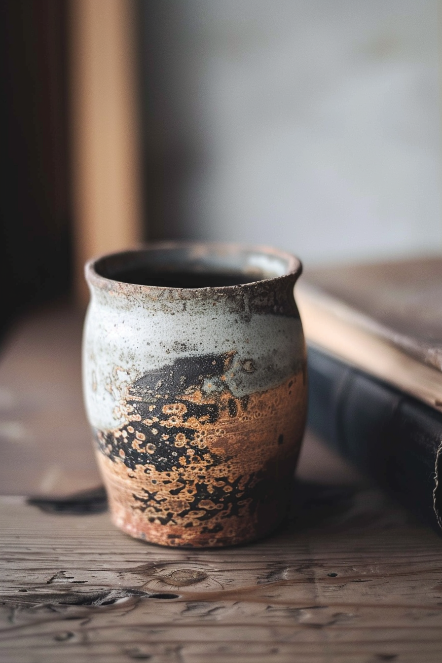 The image shows a close-up of a ceramic mug with an artistic, rustic design, placed on a wooden surface next to a partially visible book with a leather-like cover. The mug has a worn texture with varying colors including brown, beige, and black, suggesting it may be handmade. The background is softly focused, drawing attention to the details on the mug's surface. Ceramic mug with rustic design on a wooden table next to a leather-bound book.