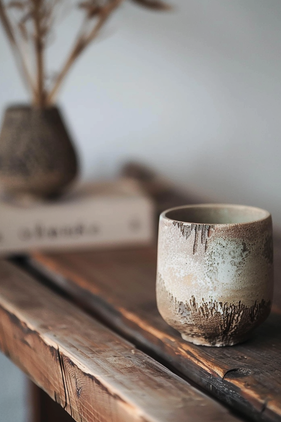 The image shows a close-up view of a rustic, textured ceramic mug placed on a wooden surface. The background is softly blurred but reveals another vase with dried plants and what appears to be a book or decorative object with visible text that reads "atlantis." The overall tone of the image conveys a warm, cozy, and artisanal atmosphere. Ceramic mug with a rustic design on a wooden table, with a blurred vase and plants in the background.