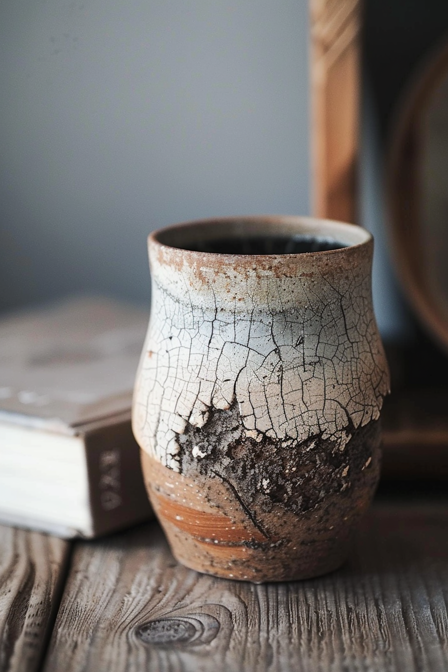 The image shows a close-up of a textured ceramic pot sitting on a wood-grained surface. In the background, slightly out of focus, is a hardcover book with "Rustic" imprinted on the spine, leaning against a blurred object that could be a piece of furniture or a wall. The ceramic pot features a crackle glaze finish on the upper portion, fading into a raw, unglazed striped pattern near the base. The natural light highlights the intricate crackle pattern and earthy tones of the pot. Handcrafted ceramic pot with crackle glaze on a wooden surface next to a book.