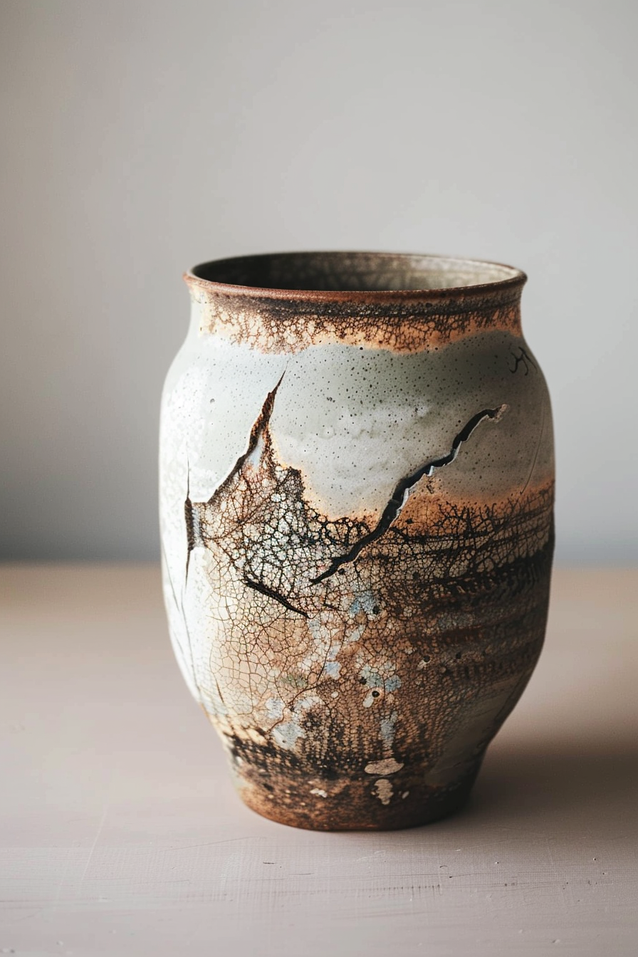 The image shows a ceramic vase with a detailed and intricate cracked glaze pattern. The vase has a unique texture and seems to exhibit an earthy color palette with variations of brown, beige, and speckled white. The background is neutral, helping to highlight the vase's design. Handcrafted vase with cracked glaze design on a neutral background.