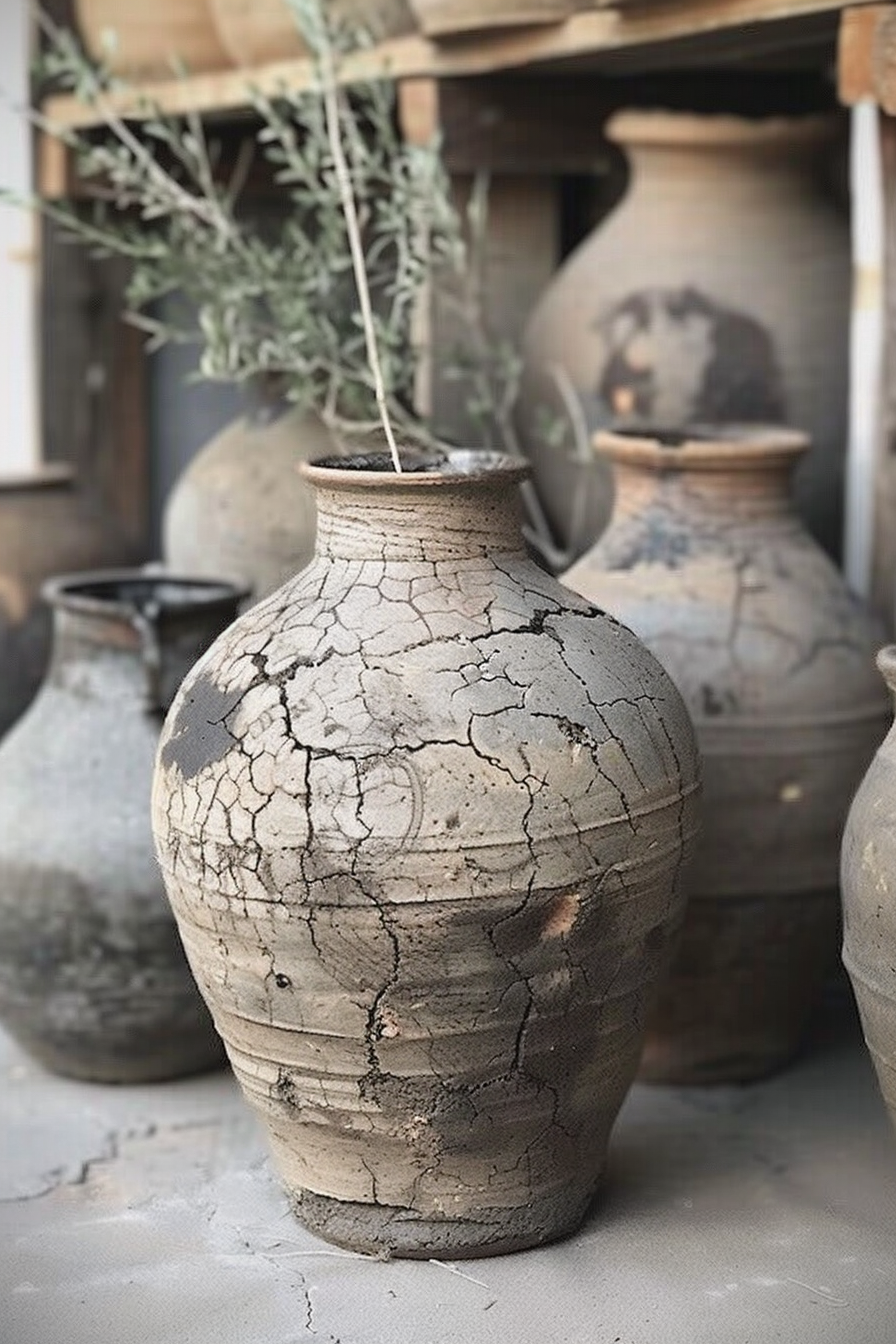 The image showcases a foreground focused on a large earthenware pot with a cracked and weathered surface, evident of age or exposure to the elements. A sprig of dried plant material is perched atop, suggesting use as a decorative vase. In the softly blurred background, there are several other similar vessels of varying sizes and designs, some featuring faint artwork or designs on their surfaces. The setting appears to be an outdoor area, possibly a marketplace or display area for these traditional pottery items. Aged earthenware pot with cracks and a dried plant, alongside other pottery.