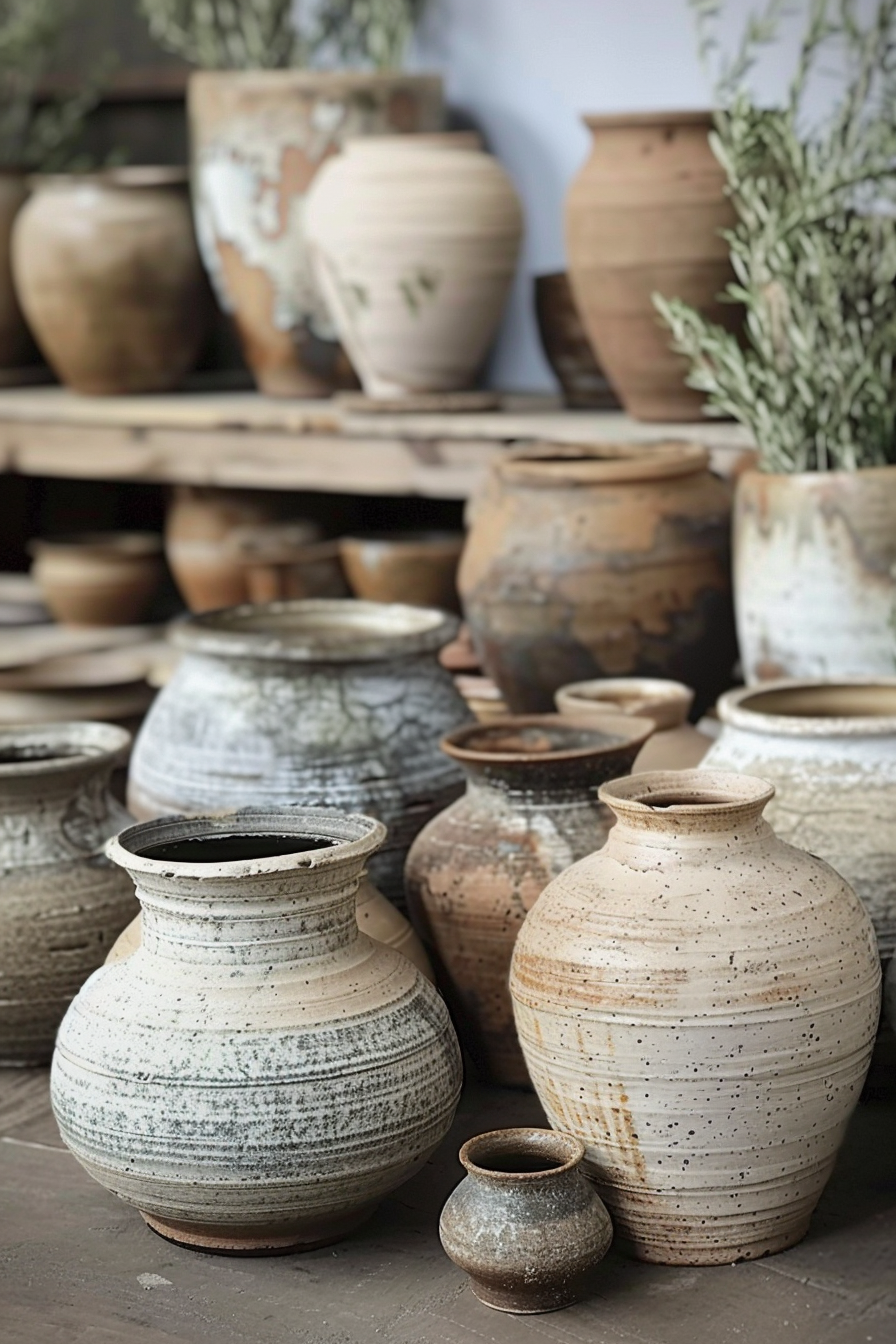 The image displays a collection of variously sized ceramic pots arranged on wooden shelves. The pottery has a rustic appearance with weathered textures in shades of brown and off-white. Some pots have visible patterns or marks, possibly from the glazing or firing process. In the blurred background, there are hints of greenery, suggesting a peaceful or natural setting for the display of these ceramic items. Collection of rustic ceramic pots in various sizes on wooden shelves with a hint of greenery.