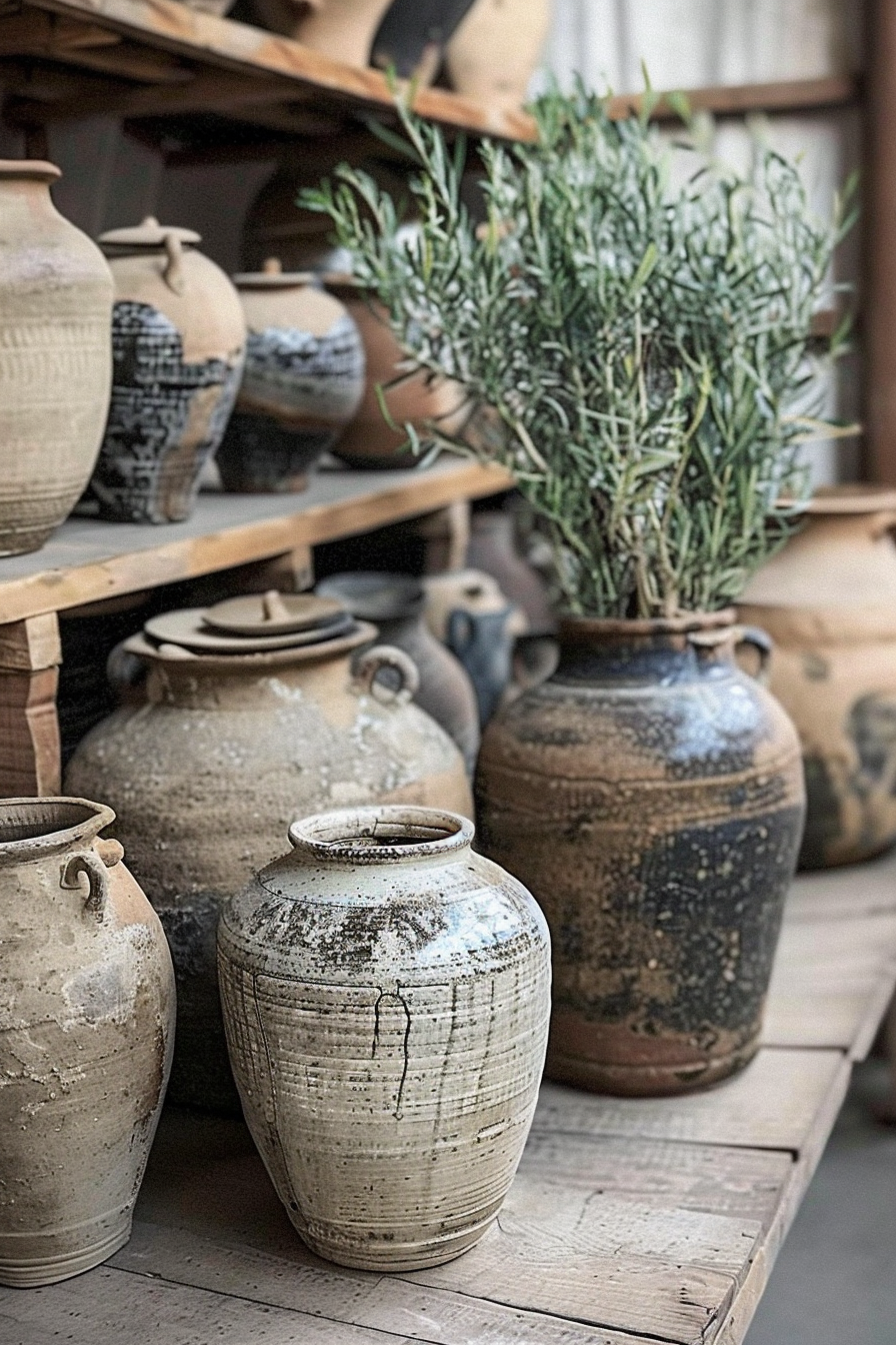 The image shows a selection of rustic pottery jars in various states of patina and design, displayed on wooden shelving. One jar is filled with a bundle of green, leafy branches, adding a touch of nature to the scene. Rustic jars on a wooden shelf with one filled with leafy green branches.