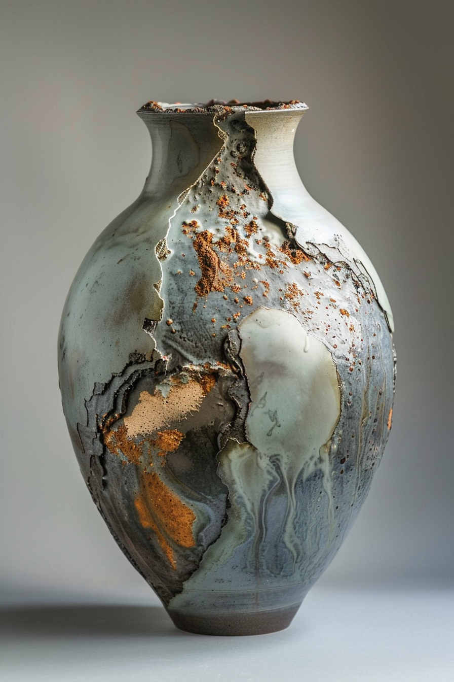 The image shows a ceramic vase with a unique, textured surface. The vase exhibits a variety of colors including shades of gray, white, and earthy rust tones that seem to flow and blend into one another. The body of the vase is curvaceous, narrowing at the neck before forming a slightly flared lip. Its surface has a dynamic, almost geological quality with rich, rust-like deposits highlighting what appears to be a pattern of cracking and fissures, suggesting an artistic emulation of natural processes. Ceramic vase with a textured surface of grays and rust tones resembling geological formations.