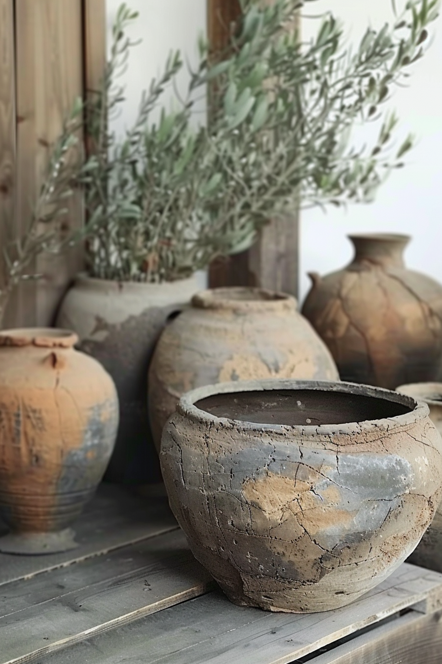 The image shows a collection of aged, rustic pottery vessels displayed on wooden shelves. The pots have a weathered appearance, featuring crackled textures and earthy tones. Some have visible repairs. In the background, a sprig of greenery adds a touch of natural color. Rustic earthenware pots on wooden shelves with greenery in the background.