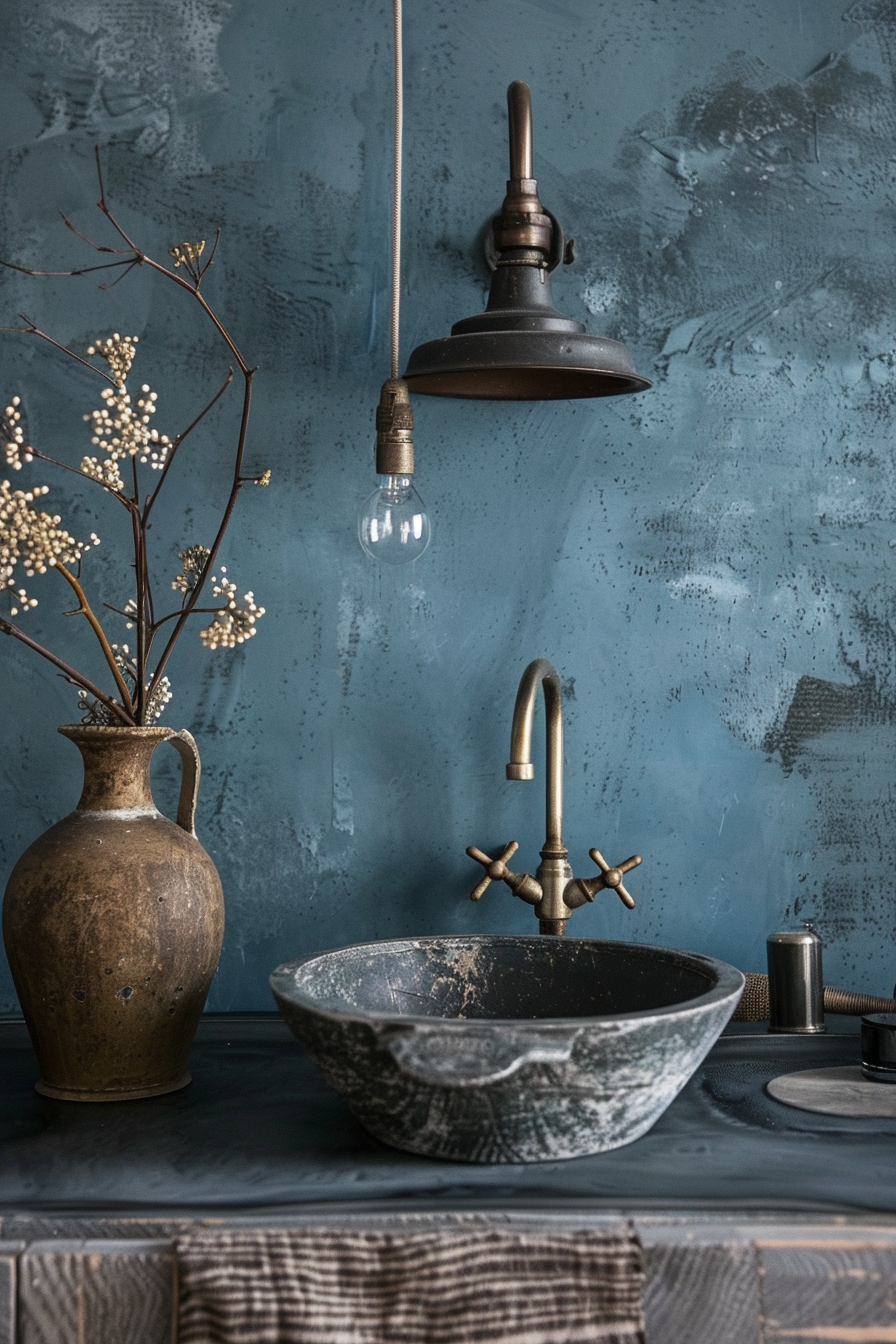 The image shows a rustic bathroom vanity against a textured blue wall. There's a unique oval-shaped stone basin atop the dark gray vanity. An antique-style bronze faucet with cross handles rises above the sink. To the left, there's an aged, bulbous clay jug with slender branches bearing small white berries. An industrial-style pendant light with an exposed bulb hangs from above, adding to the vintage charm. The scene has a cozy, yet elegant, old-world feel. Rustic bathroom with stone sink, bronze faucet, and vintage light against a blue textured wall.