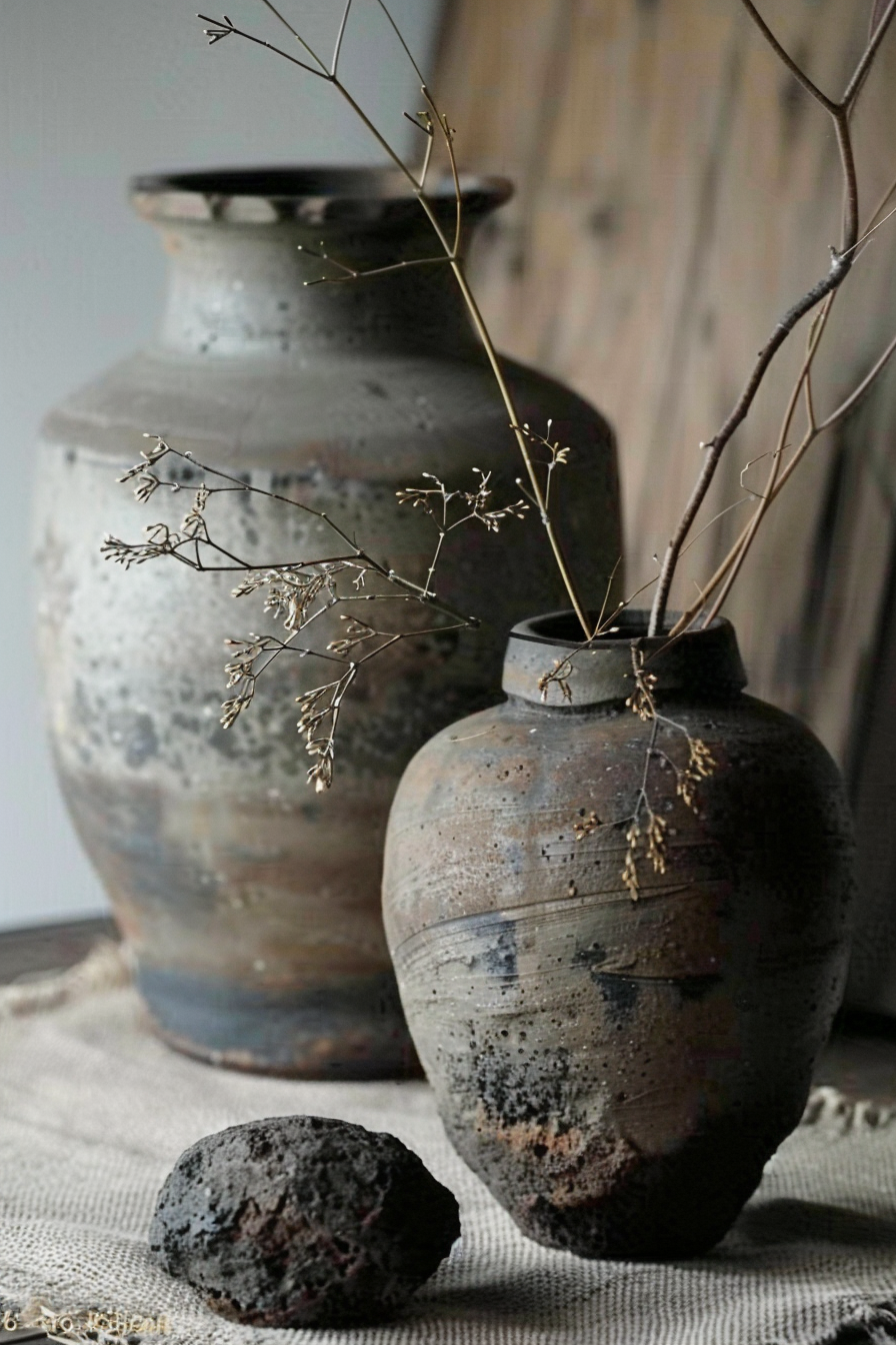 The image showcases two rustic, textured ceramic vases on a neutral-toned cloth surface. The vase in the foreground is rounder and shorter, with delicate dried plants with tiny golden-bronzed leaves extending from its narrow mouth. The other vase, slightly out of focus in the background, is taller and has a wider opening but no plants. Two rough, porous volcanic rocks rest on the cloth between the viewer and the vases, contributing to the natural, earthy aesthetic of the scene. Behind the vases, a weathered wooden panel adds a warm backdrop with vertical lines that contrast with the smooth contours of the ceramics. Two textured ceramic vases with dried plants on a cloth with volcanic rocks, against a wooden backdrop.