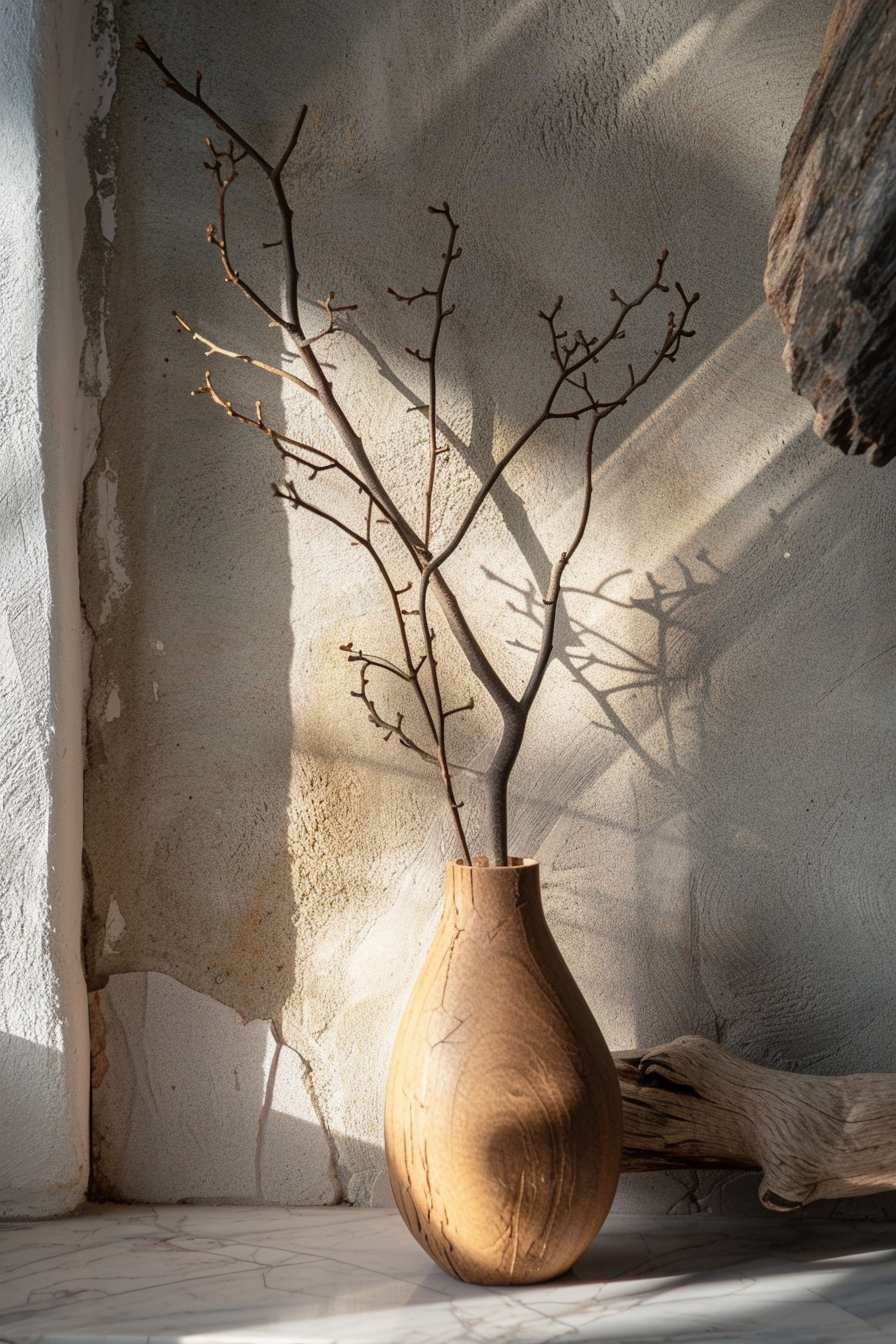 The image shows a brown vase placed on a white marble surface against a textured wall. The vase, with a rough, wood-like texture, holds several bare branches with small buds. Natural light creates distinct shadows of the branches on the wall, contributing to an artistic and serene ambiance. A rustic vase with branches casting shadows on a textured wall bathed in sunlight.