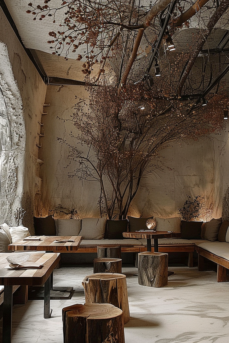 The scene is of a rustic and naturalistic interior space, possibly within a cafe or a lounge area. The room features an earthy aesthetic with exposed concrete walls, a high ceiling, and a large bare tree with sprawling branches adorned with small, delicate lights, giving the impression that the tree is growing within the space. The seating area consists of low wooden benches equipped with comfortable cushions and pillows and is arranged around wooden tables that match the benches. In the foreground, there are several unique stools crafted from tree stumps, showcasing natural wood patterns and textures. The floor is a smooth, pale surface that resembles stone or concrete, complementing the organic feel of the environment. The ambiance is serene, with a soft, warm lighting inviting relaxation and reflection. Rustic interior with naturalistic decor, featuring a tree with lights, wooden benches, and tree stump stools.