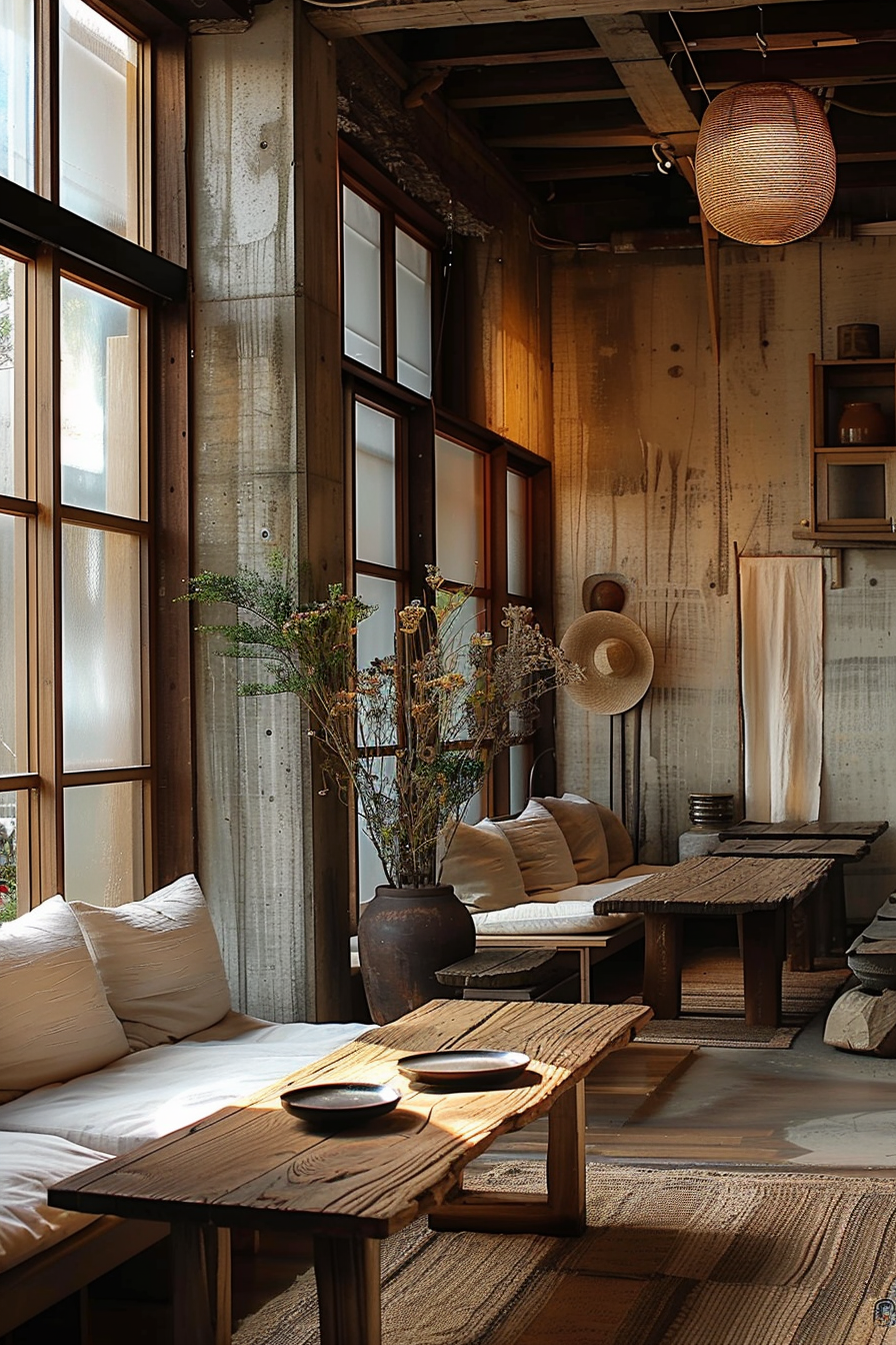The photo depicts a cozy, rustic interior space with a warm, inviting atmosphere. There is a sense of tranquility and natural beauty within the room, emphasized by the use of wooden furniture and the muted colors of the decor. The walls, made of concrete and wood, give off an industrial yet homey feel. Two plates are neatly arranged on a wooden coffee table that sits on a textured rug, while a large vase with dried plants adds a decorative touch. Comfortable seating arrangements include sofas adorned with fluffy pillows, nestled in a corner filled with natural light streaming through frosted glass windows. A woven, oval-shaped pendant lamp hangs from above, enhancing the room's ambient lighting. In the background, a wooden shelf holds pottery pieces, and a hat is casually hung on the wall, contributing to the room's lived-in charm. Cozy rustic interior with wooden furniture, ambient lighting, and natural decor.