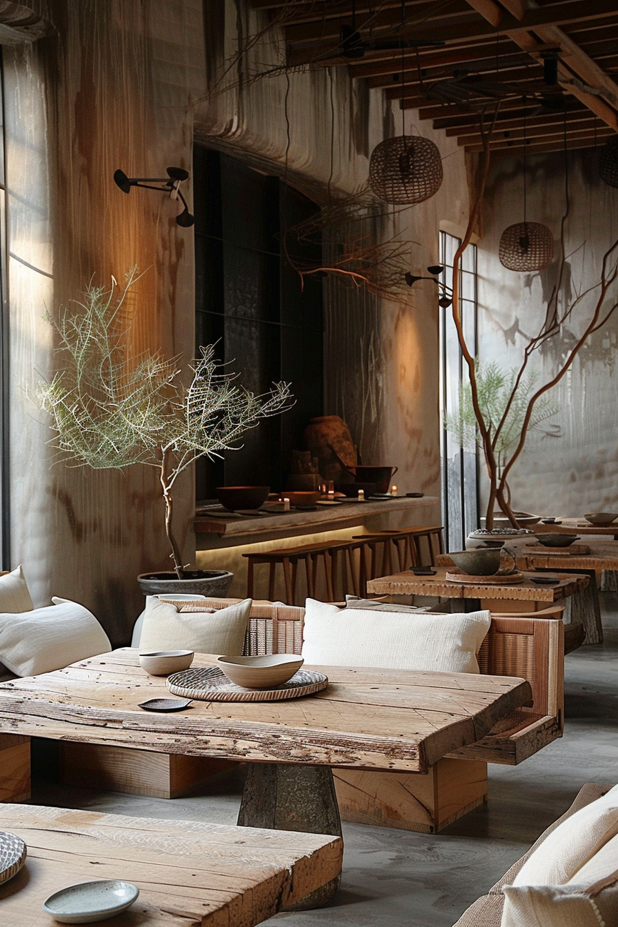 The scene is set in a serene and naturally styled interior space, likely a restaurant or cafe. Rustic wooden tables with matching benches are adorned with various ceramic dishes; the tables are large, low to the ground, and accompanied by plush off-white cushions. Small trees or large plants in pots add greenery to the setting, and the backdrop features softly draped curtains, adding to the calm, earthy atmosphere. The lighting is subtle and warm, enhancing the cozy ambiance. The ceiling has a traditional wooden beam construction, with spherical wicker lampshades hanging down, contributing to the natural and organic theme of the decor. Cozy rustic dining area with wooden tables, cushions, and natural decor.