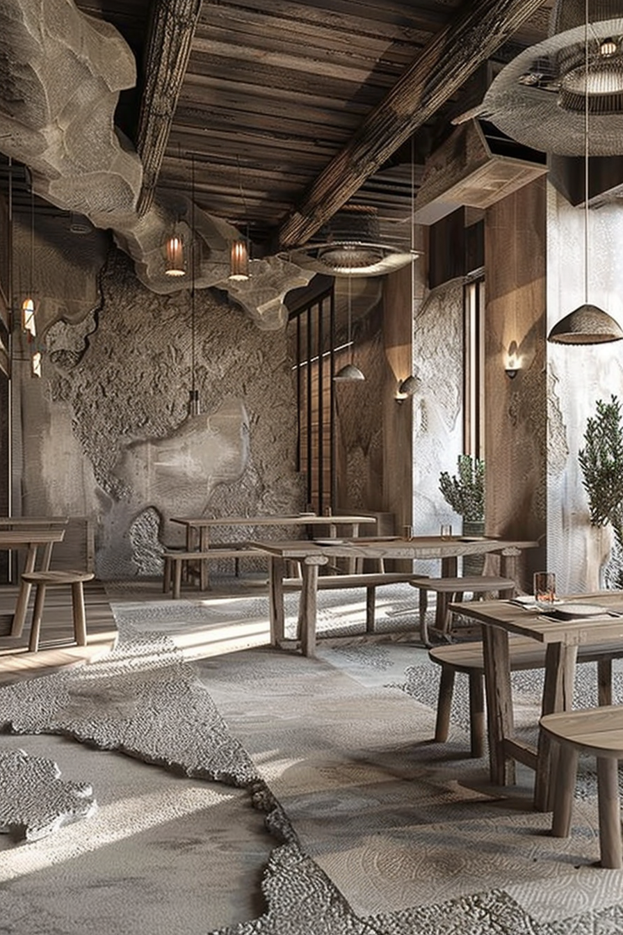 The scene depicts a rustic and modern café or restaurant interior with exposed rock formations and rough-textured walls that blend with a warm color palette and natural materials. Wood dominates the furniture and ceiling beams, giving the space a cozy, earthy atmosphere. The flooring transitions from what appears to be concrete to a pebbled texture, enhancing the natural feel. Several ornamental plants add a touch of greenery. Pendant lighting hangs from the ceiling with a mix of minimalistic and industrial designs, adding an elegant yet raw ambiance. The presence of tables set with cutlery suggests the place is set up for dining. Rustic modern café interior with wooden furniture and pebbled floor detailing, featuring industrial pendant lighting.