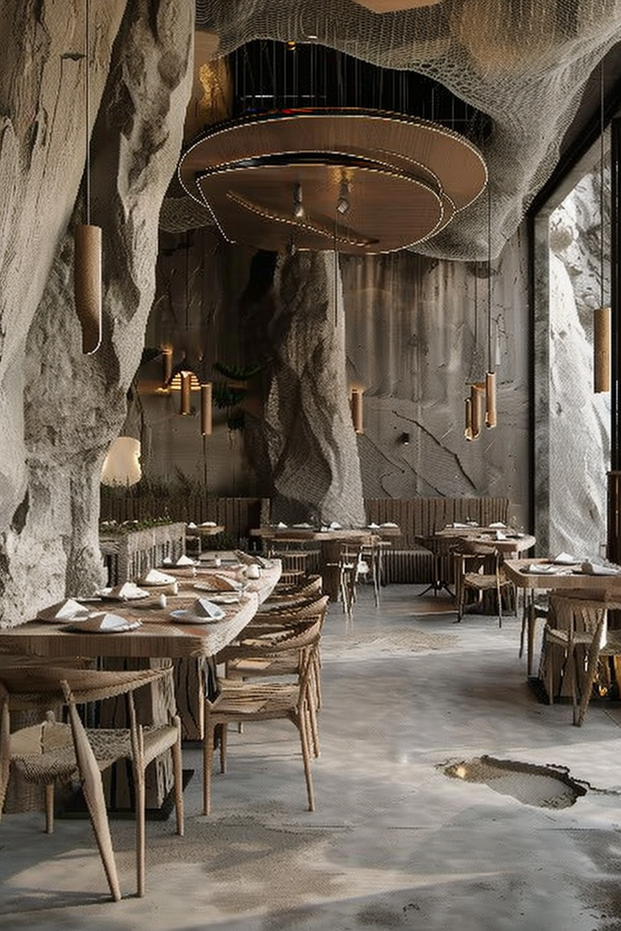 In the center of the scene is a restaurant interior featuring a unique design that mimics the inside of a cave. The walls and ceiling have a rough, textured appearance similar to rock formations. Suspended from the ceiling is a combination of eye-catching chandeliers and pendant lights that provide lighting to the space. Below, there are wooden tables arranged neatly, each set with plates and napkins, awaiting diners. The chairs accompanying the tables are also made of wood, with designs that contribute to the rustic and natural theme of the restaurant. The floor appears to be concrete, with scattered light and shadows contributing to a cozy atmosphere. The overall impression is of a sophisticated dining environment that harnesses a cave-like aesthetic to create an immersive experience. Modern cave-themed restaurant interior with elegant lighting and wooden furniture.