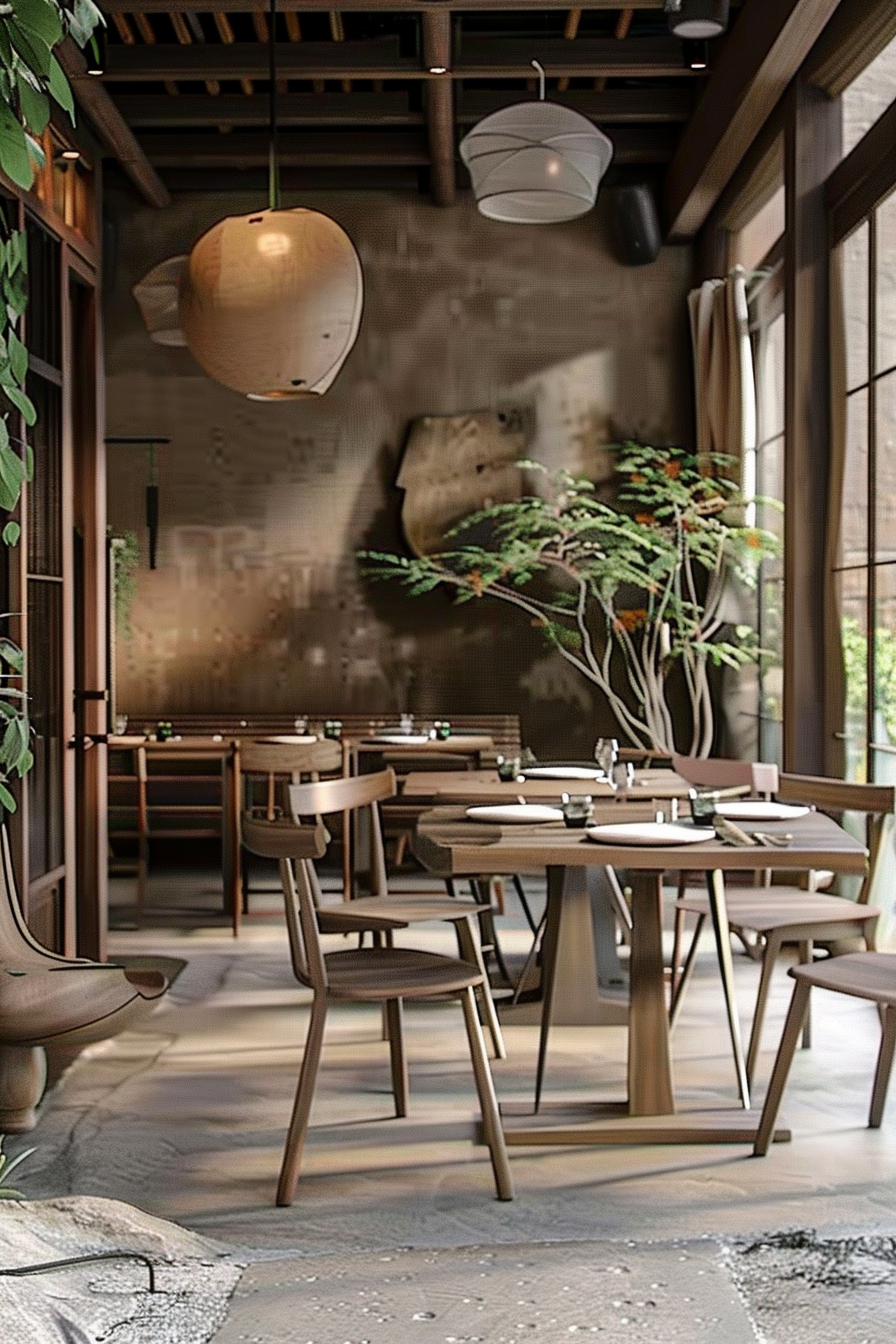 The scene is set in a modern and stylish restaurant with an Asian-inspired design aesthetic. Wooden tables are neatly arranged in the dining area, complete with place settings and cutlery. Paper lantern-style pendant lights hang from the ceiling, contributing to the warm and inviting ambiance. A large plant is placed near a window, adding a touch of greenery. The overall atmosphere suggests a calm, elegant dining experience. Cozy restaurant interior with wooden tables, pendant lights, and greenery.