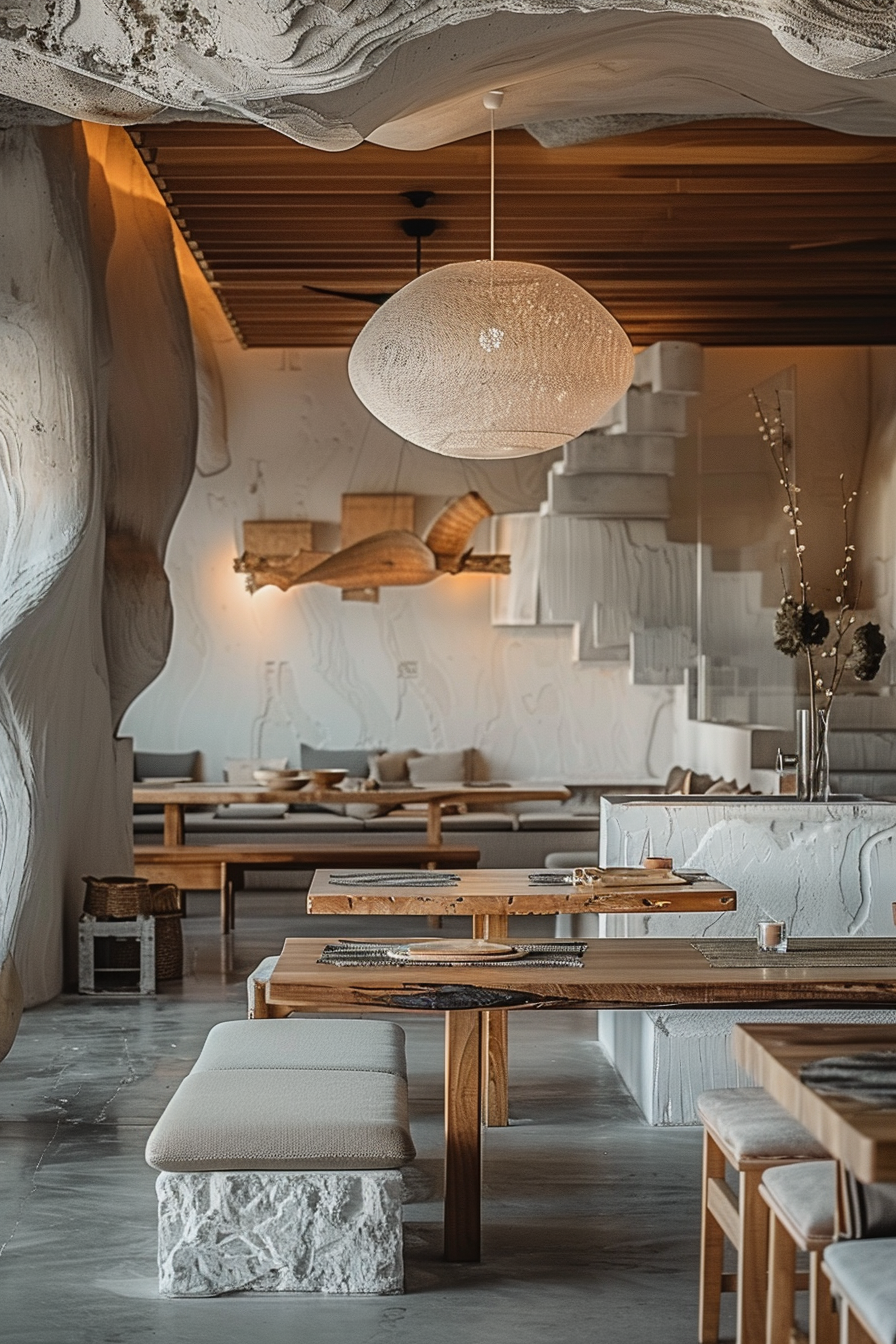 The scene is set in a restaurant with a modern and minimalist interior. The walls have a textured white finish, contrasting with the warm tones of the wooden ceiling and furniture. Tables are evenly spaced, with one in the foreground showcasing a stone base for a bench seat. The tables are set neatly with plates and cutlery. Each table also has a textured mat and a napkin. Large, round pendant lights hang from the ceiling, adding a soft, diffuse glow to the space. The design aesthetic is clean and sophisticated, with a serene ambiance. Elegant minimalist restaurant interior with wooden tables, stone benches, and spherical pendant lights.