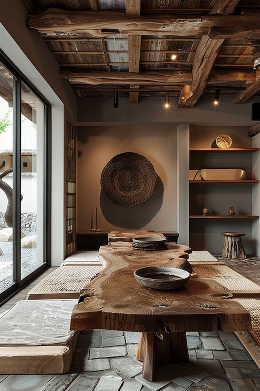 The scene is of a rustic-style dining room with a natural wood slab table at the center. The table's organic shape and rich wood tones draw attention. Above, exposed wooden beams contribute to the room's warm aesthetic. A sizable woven wall art piece hangs on the wall, adding texture and cultural depth to the space. On the right, simplistic wooden shelves hold assorted decorative objects. The room has a large, floor-to-ceiling window on the left that lets in natural light and provides a view of the outdoors, enhancing the connection with nature that the room's design embodies. To complement the earthy ambiance, there are stone tiled floors and an assortment of rugs and mats in natural materials. Rustic dining room with wooden slab table, exposed beams, woven wall art, and natural light.