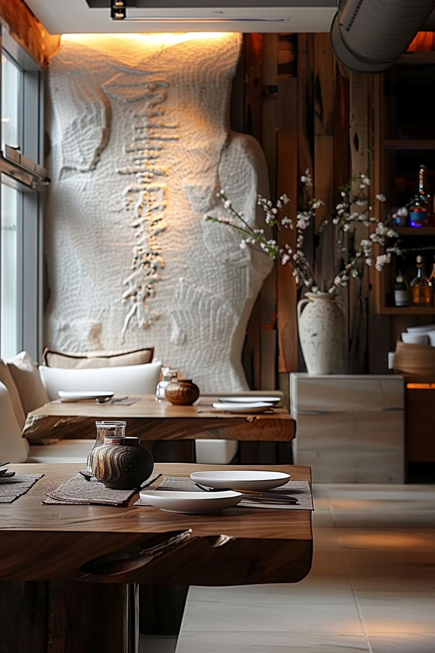The scene is set in a cozy and stylish dining area with a rustic wooden table dominating the foreground. The table is elegantly set with plates, bowls, and a decorative pottery piece. Behind the table, the room is warmly lit, enhancing the texture of a large, striking wall art feature that gives the space an organic feel. To the right, there are shelves with various decorative items and a hint of a bar area with bottles. The atmosphere is inviting and serene, with the focus on natural materials and simplicity in design. Cozy dining room with rustic wooden table, elegant tableware, and textured wall art.