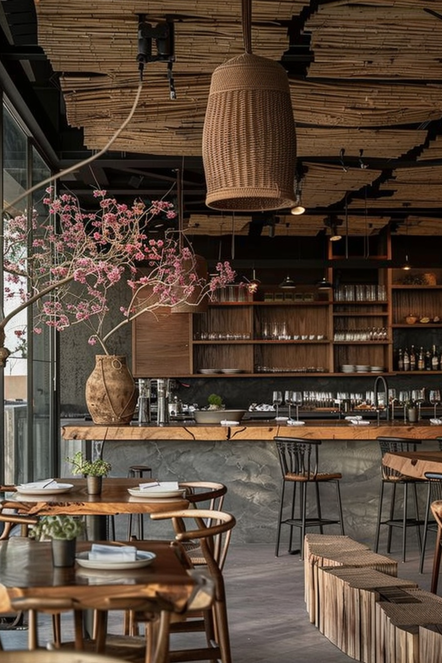 The scene is set in a stylish restaurant with a cozy and modern aesthetic. In the foreground, wooden tables are neatly arranged with simple table settings. The chairs surrounding the tables have a rustic feel, with warm wood tones that complement the earthy color palette of the interior. A focal point within the space is a large pot containing a delicate, flowering cherry blossom branch, adding a touch of natural beauty and soft color contrast against the darker tones of the room. Behind the tables, a countertop bar is visible, showcasing an orderly array of glasses and bottles, ready to serve patrons. Overhead, large woven rattan lampshades hang from the ceiling, enhancing the ambient and textured quality of the space. Alt text: Cozy restaurant interior with wooden tables, rattan lampshades, and a cherry blossom branch in a pot.