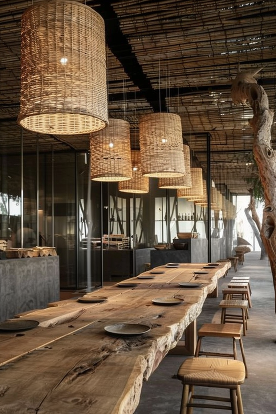 The scene captures a rustic and modern dining setting. A long, solid wooden table with uneven edges takes center stage, adorned with simple dark plates. Matching wooden stools with woven straw seats line one side of the table, complementing the table's organic form. Above, sizeable woven rattan lampshades hang, providing warm lighting that accentuates the textures and natural materials used throughout the space. The high ceiling, aided by the use of bamboo or wooden slats, adds an airy and open atmosphere. A partial view of the background reveals a structured counter or bar area with gray tones, contrasting with the warm wood and giving the space a contemporary edge. The absence of people and the neat arrangement of the tableware suggest the space is prepared to welcome diners. Rustic wooden dining table set with woven lampshades in a modern restaurant interior.