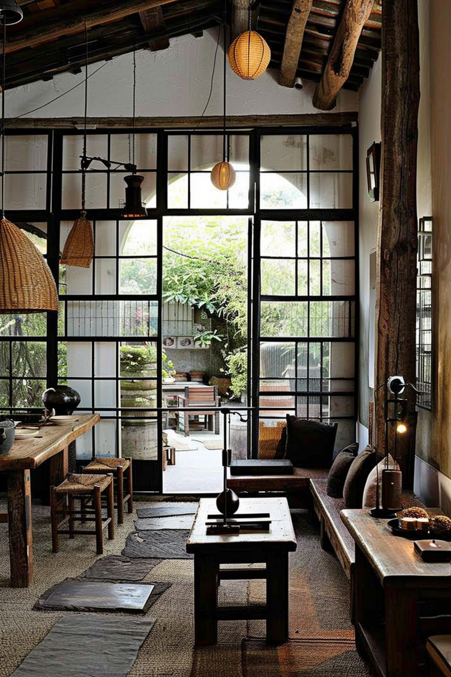 The scene illustrates a cozy interior with rustic and traditional design elements. There's a blend of natural materials, such as wood and wicker, that dominate the space. A large window with black frames opens to an outdoor view, providing ample natural light that highlights an inviting seating area and a long wooden dining table adorned with various objects. Exposed wooden beams on the ceiling and an array of hanging lantern-style lights add character to the room. A series of stone and woven mats lay on the floor, leading toward the window, with a mixture of modern and antique furnishings creating a warm and eclectic ambience. Cozy rustic interior with wood furnishings, lantern lights, and a view of nature through large windows.