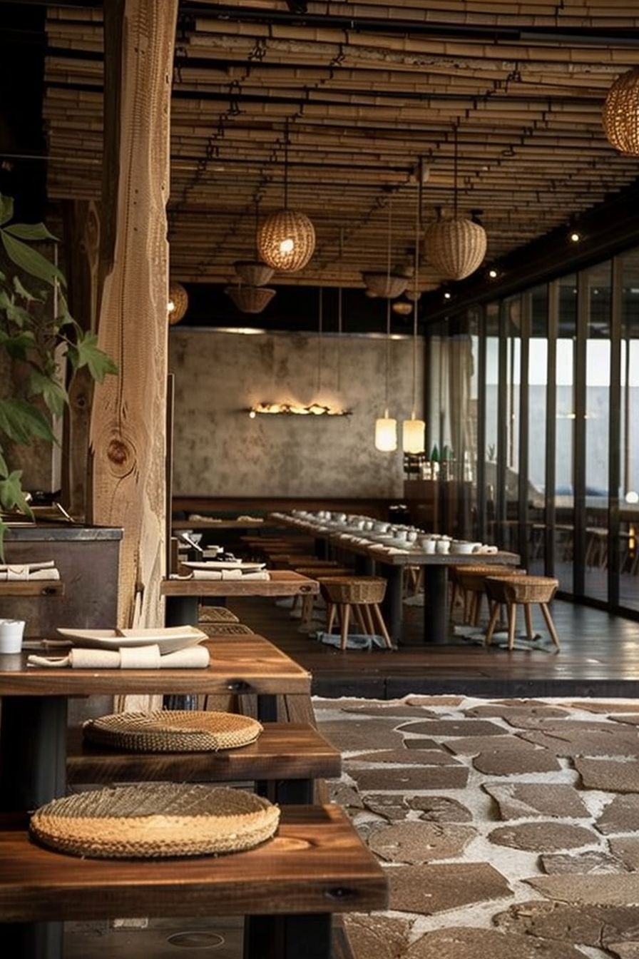 The scene depicts a cozy and stylish restaurant interior with a rustic yet modern aesthetic. The architecture of the space showcases a blend of natural materials, conveying a warm and inviting atmosphere. The ceiling is adorned with a lattice structure from which several woven rattan pendant lights are suspended, casting a soft glow throughout the room. Wooden beams and columns add to the rustic ambiance. The seating arrangement consists of sturdy wooden tables with matching benches and individual chairs, all arranged neatly in rows, ready to accommodate diners. Table settings are already in place, suggesting that the restaurant is prepared to receive guests. On the tables, wicker plate mats complement the naturalistic theme. The flooring contrasts the wooden furniture with a patchwork of stone tiles, offering an interesting textural element and leading the eye through the dining area towards the glass window at the far end. Through the window, natural light enters the space, enhancing the overall serene and comfortable vibe of the environment. In the background, the wall reveals a combination of concrete and plaster finishes, which, along with the strategically placed wall-mounted lights, add a touch of elegance to the space. The foliage of indoor plants peeking into the frame on the left side introduces a touch of greenery, underscoring the natural theme that resonates throughout the design. Alt text: Warm toned, stylish restaurant interior with wooden tables, rattan lights, and a stone tile floor.