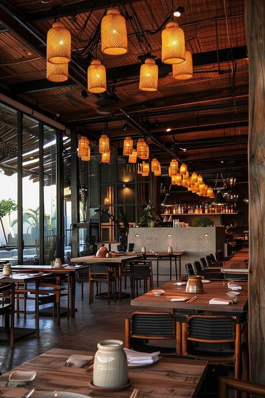 The scene captures a stylish interior of a restaurant with an industrial chic vibe. Wooden tables are neatly arranged with settings ready for diners. Above, a series of pendant lights with woven covers cast a warm glow throughout the space. Large windows let in natural light, complementing the dark metal structural elements and the light wood of the tables and chairs. A bar area can be seen in the background with shelves stocked with bottles and glasses. Cozy restaurant interior with warm lighting, wooden tables, and a bar in the background.